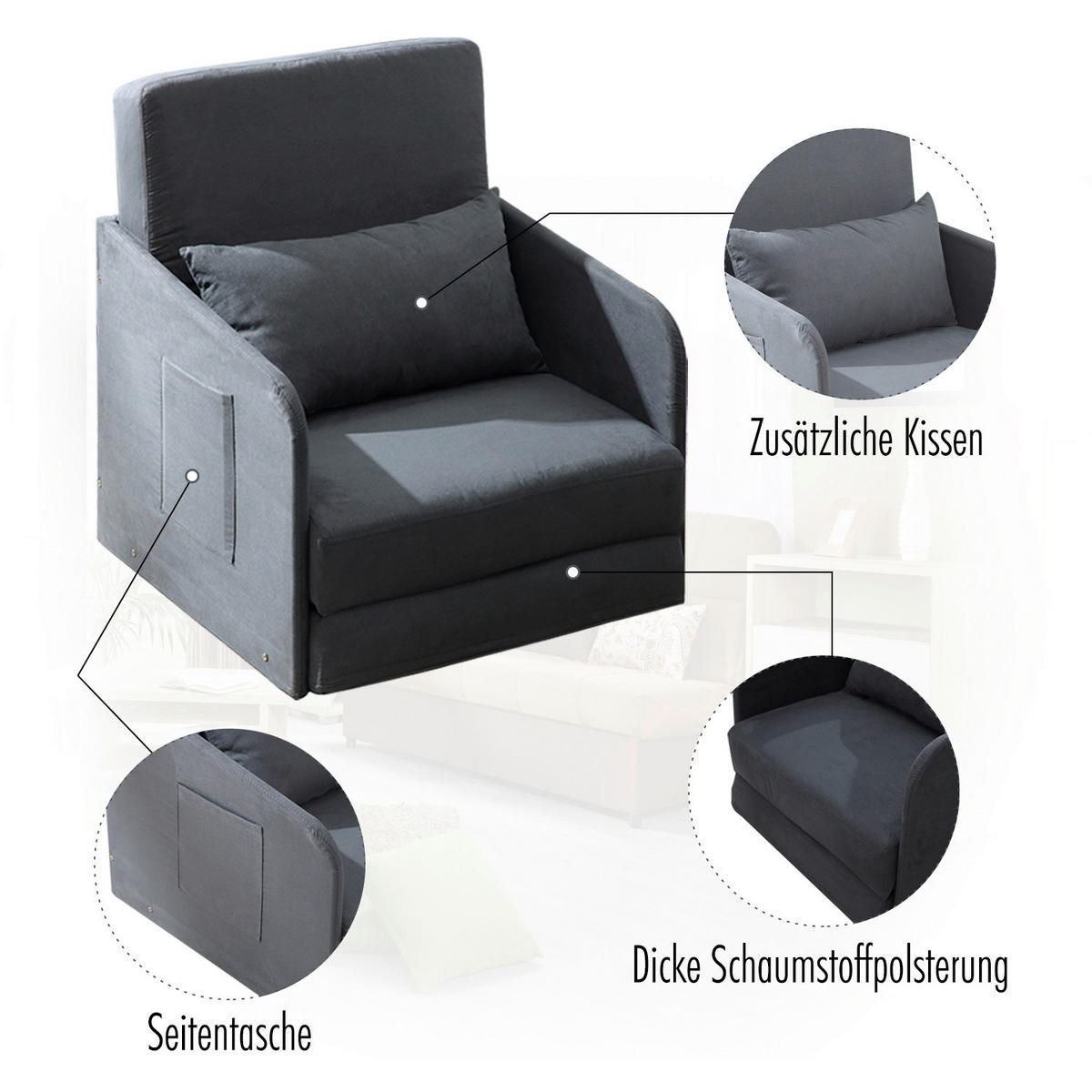 Schlafsofa 833-036 grau B/H/T: ca. 70x77x76 cm 833-036 - grau (70,00/77,00/76,00cm) - HOMCOM