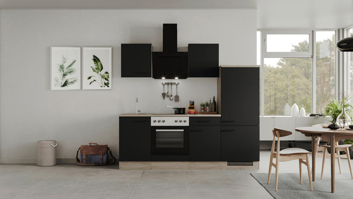 Küchenblock Capri schwarz matt B/H/T: ca. 220x200x60 cm Capri - schwarz/Oak (220,00/200,00/60,00cm) - Flex-Well