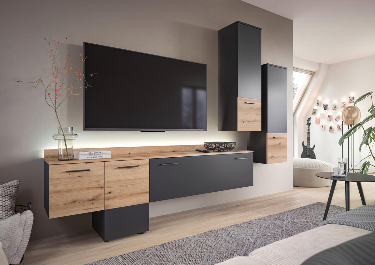 Wohnwand Goal grau Evoke Oak Nachbildung B/H/T: ca. 247x196x37 cm Goal - grau (247,00/196,00/37,00cm) - xonox.home
