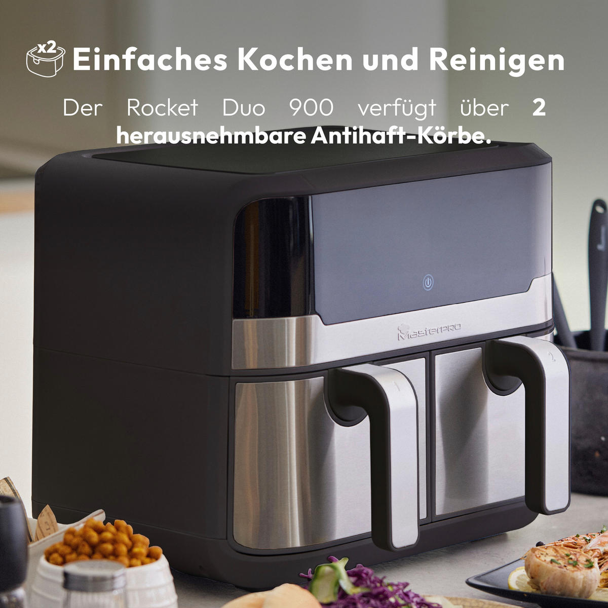 MASTERPRO Heißluftfritteuse Doppelbehälter BGMP-9178-BK silber Metall B/H/T: ca. 45x35,5x38 cm ca. 9 l Rocket duo 900 BGMP-9178-BK - schwarz/silber (45,00/35,50/38,00cm) - MASTERPRO