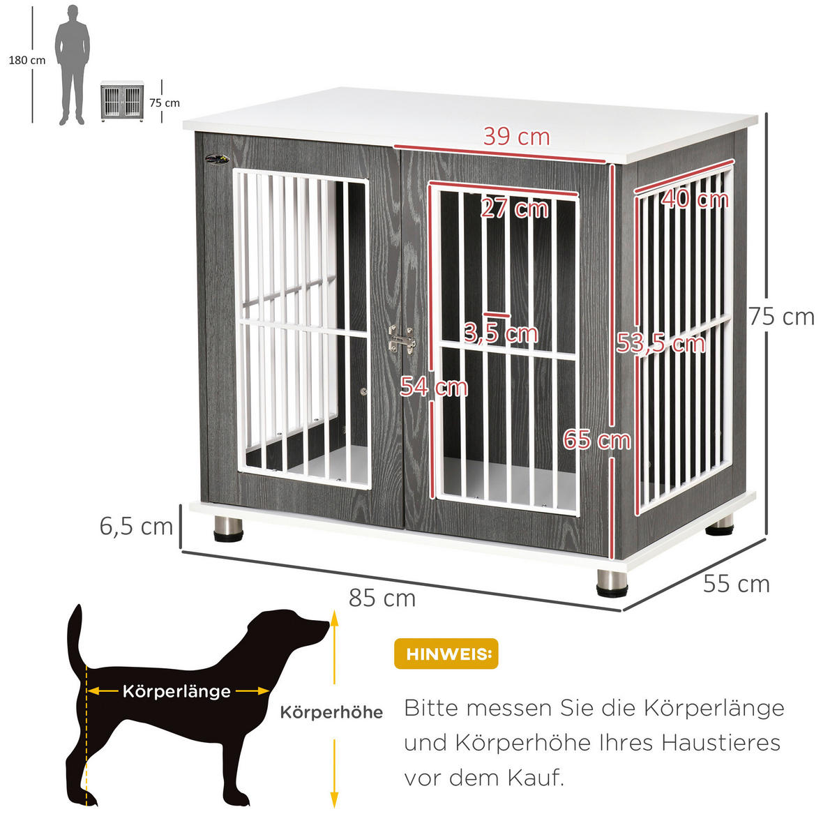 PawHut Hundekäfig Hundekäfig - (85,00/55,00/75,00cm) - PawHut
