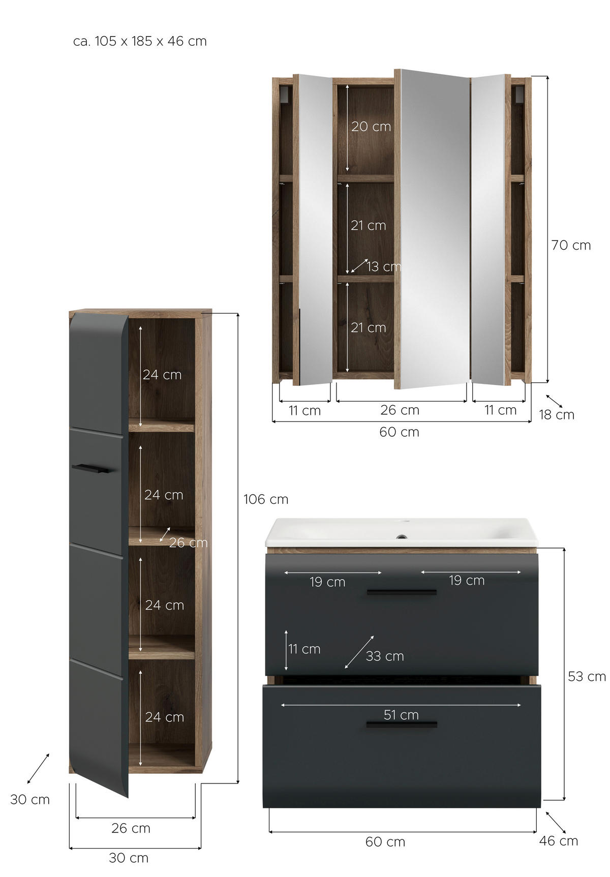 Badezimmer-Set Ice Nox Oak Nachbildung schwarz matt B/H/T: ca. 105x185x46 cm Ice - schwarz (105,00/185,00/46,00cm) - xonox.home
