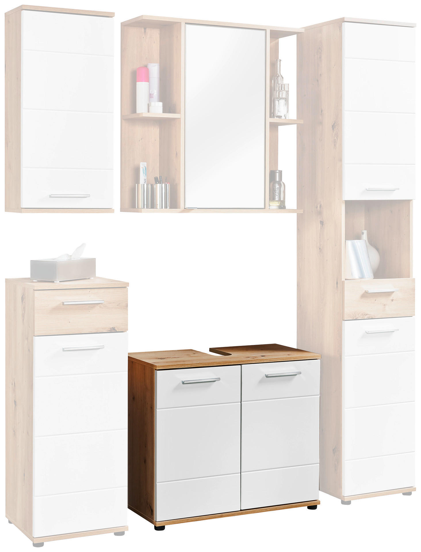 Waschbeckenunterschrank Bergen Eiche Artisan Nachbildung weiß Hochglanz B/H/T: ca. 70x61x35 cm Bergen - Eiche/weiß (70,00/61,00/35,00cm)