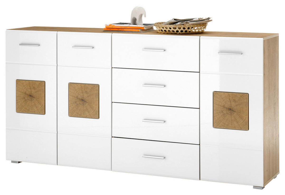 Sideboard Georgia Eiche Artisan Nachbildung weiß Hochglanz Hirnholz Optik B/H/T: ca. 180x92x38 cm Georgia - Eiche/weiß (180,00/92,00/38,00cm)