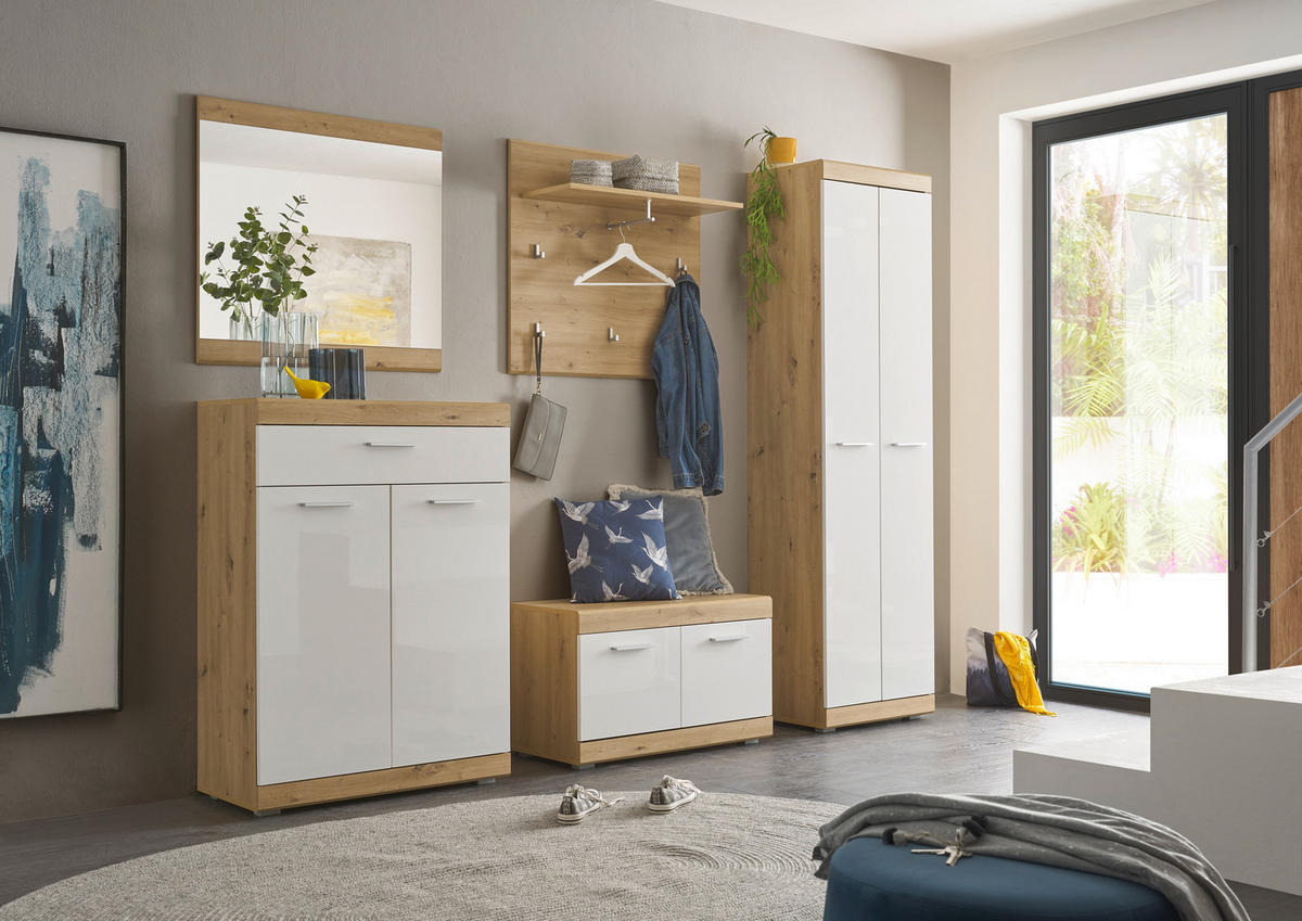 Garderobenschrank Nola Eiche Artisan Nachbildung weiß Hochglanz B/H/T: ca. 55x195x38 cm Nola - Eiche/weiß (55,00/195,00/38,00cm)