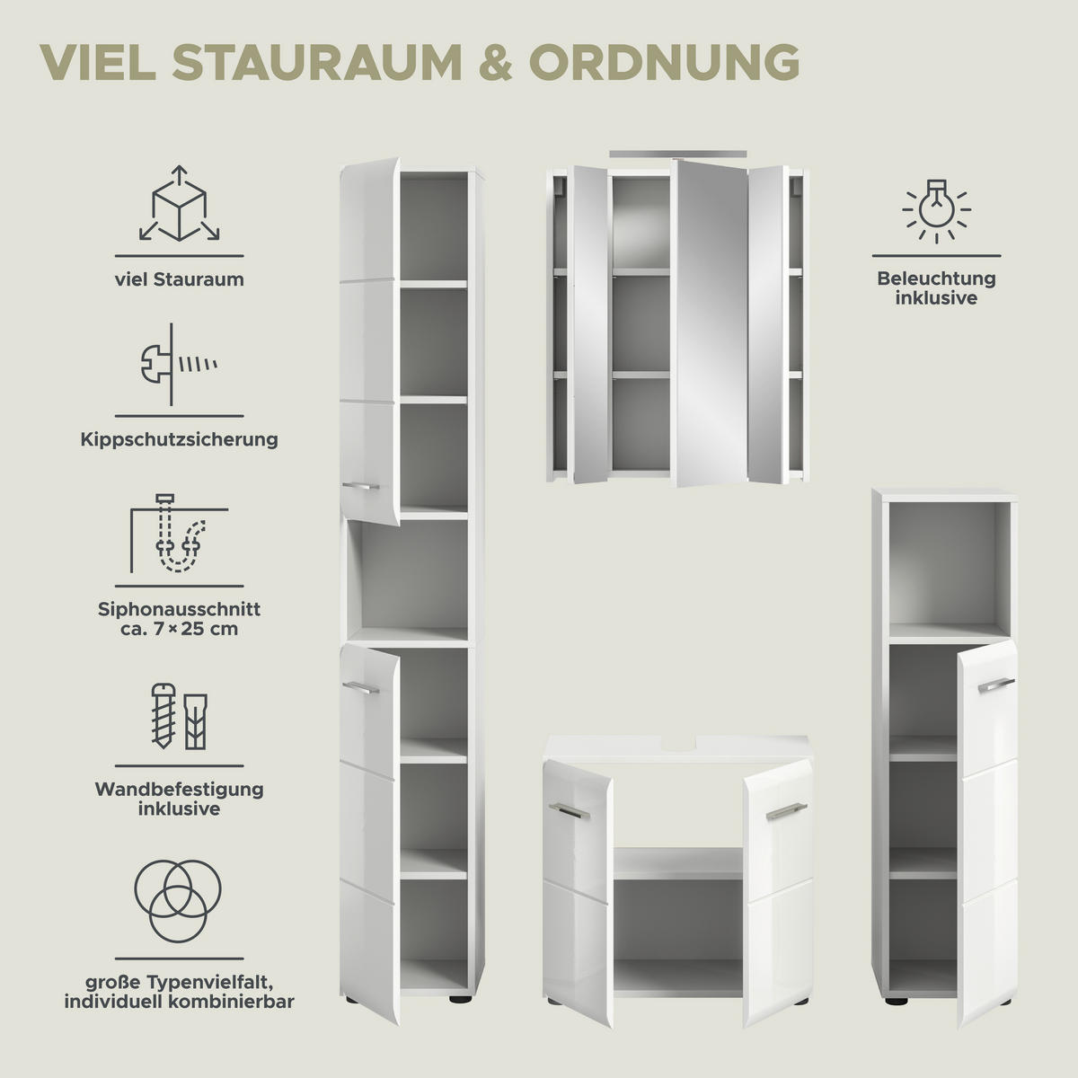 Badezimmer-Set Ice weiß weiß Hochglanz B/H/T: ca. 150x185x30 cm Ice - weiß (150,00/185,00/30,00cm) - xonox.home
