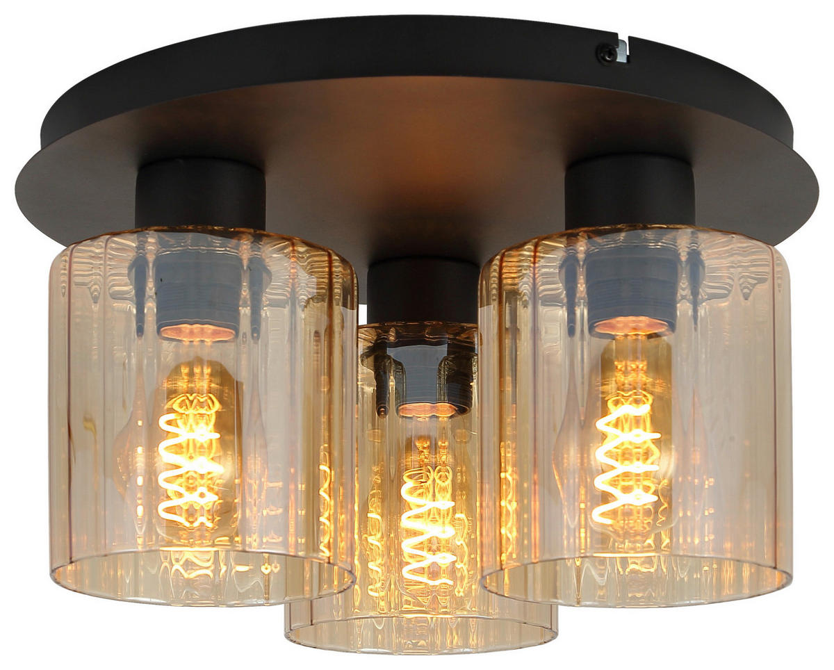 Deckenleuchte schwarz amber Glas Metall H/D: ca. 18,5x32 cm E27 3 Brennstellen Deckenleuchte_Pim - schwarz/amber (32,00/18,50cm)