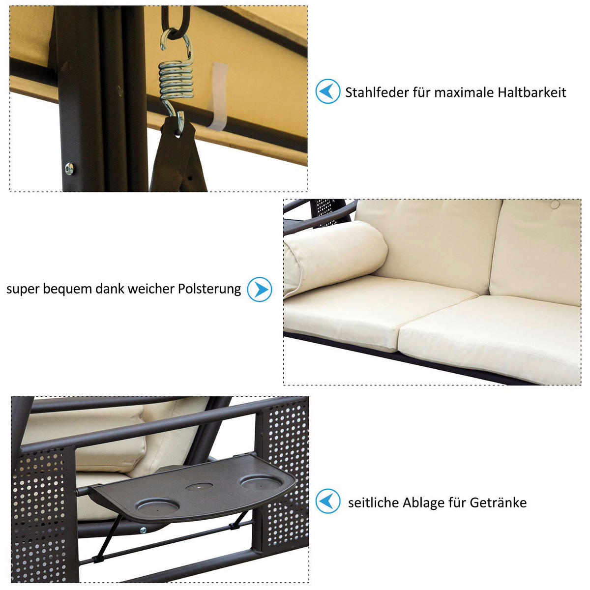 Outsunny Hollywoodschaukel beige Metall B/H/L: ca. 206x180x124,5 cm Hollywoodschaukel_3-Sitzer - beige/braun (124,50/206,00/180,00cm) - Outsunny