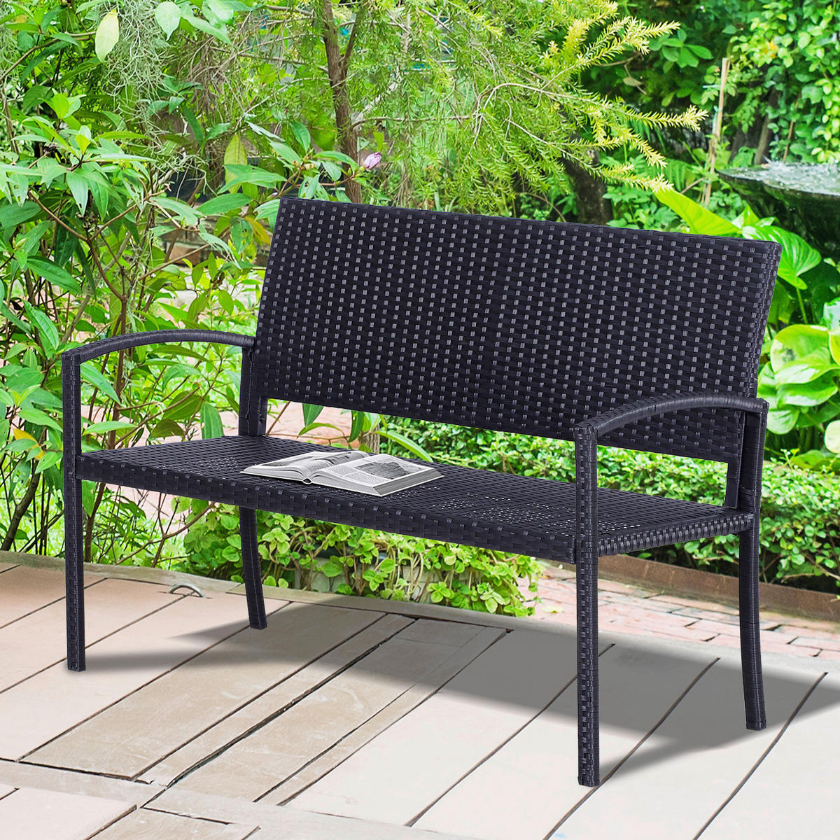 Outsunny Gartenbank schwarz Stahl B/H/L: ca. 60x87x122 cm Polyrattan_Gartenbank - schwarz (122,00/60,00/87,00cm) - Outsunny