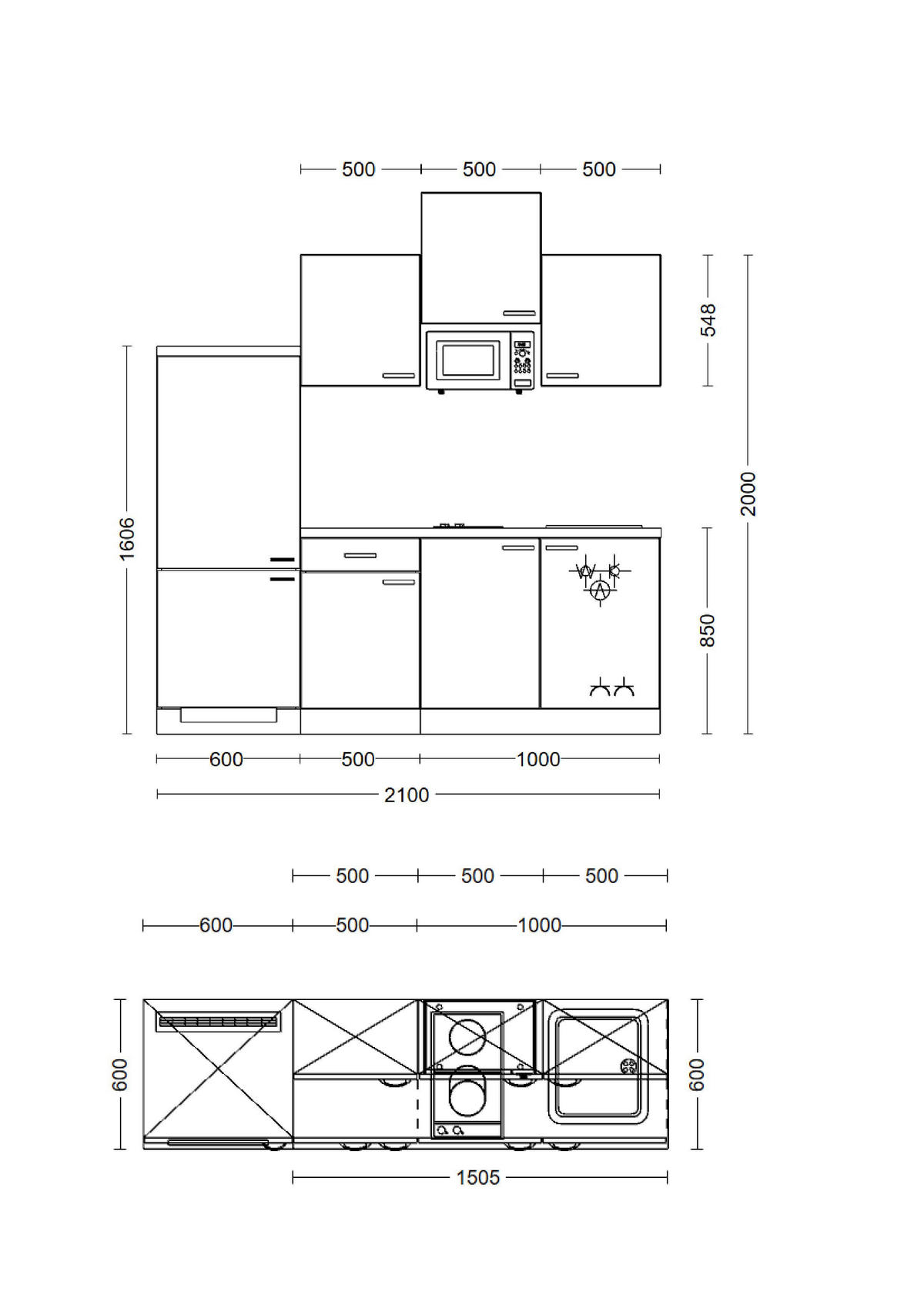 Küchenblock Capri schwarz matt B/H/T: ca. 210x226x60 cm Capri - schwarz/Oak (210,00/226,00/60,00cm) - Flex-Well