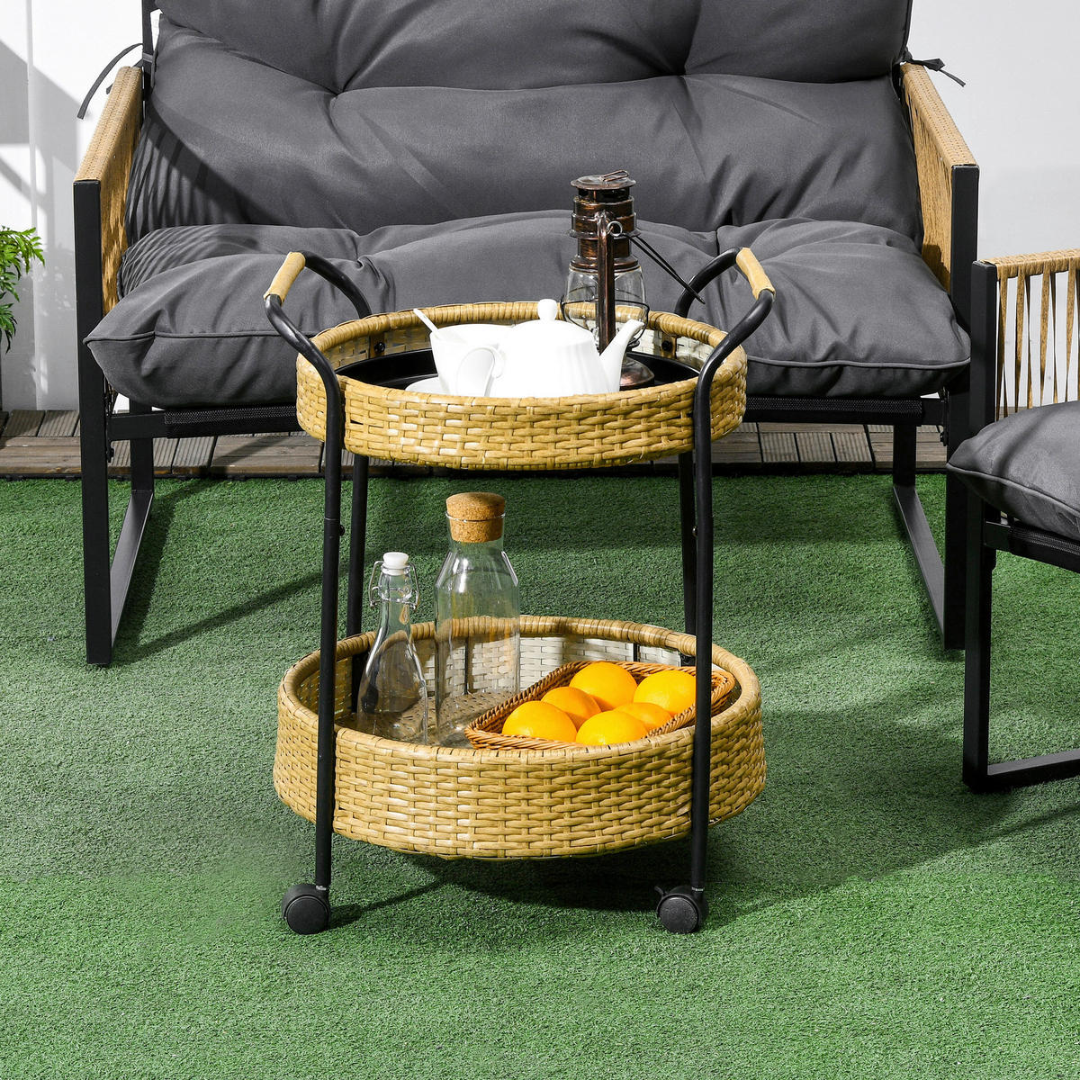 Outsunny Servierwagen gelb Edelstahl B/H/L: ca. 50x50x66 cm Rattan_Serving_Cart - gelb (66,00/50,00/50,00cm) - Outsunny