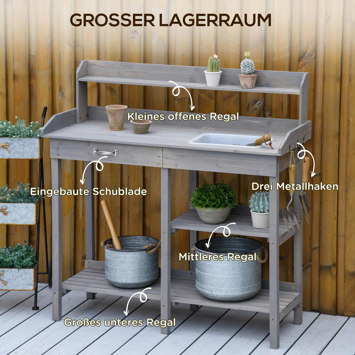 Outsunny Gärtnertisch grau B/H/T: ca. 117x121x45 cm ca. 30 kg Gärtnertisch 845-170LG - grau (117,00/121,00/45,00cm) - Outsunny