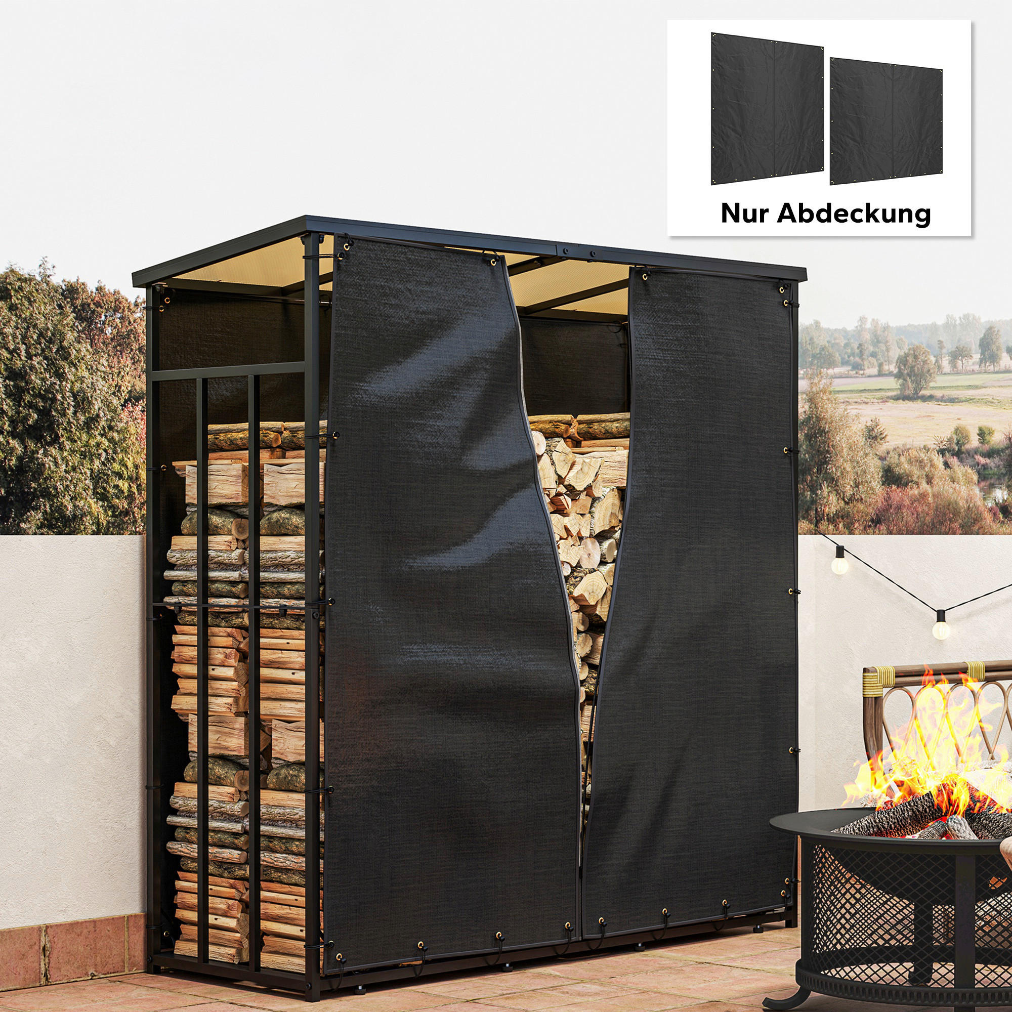 Outsunny Kaminholzregal Abdeckung schwarz Polyester B/H/L: ca. 1x173x174 cm Kaminholzregal Abdeckung - schwarz (174,00/1,00/173,00cm) - Outsunny