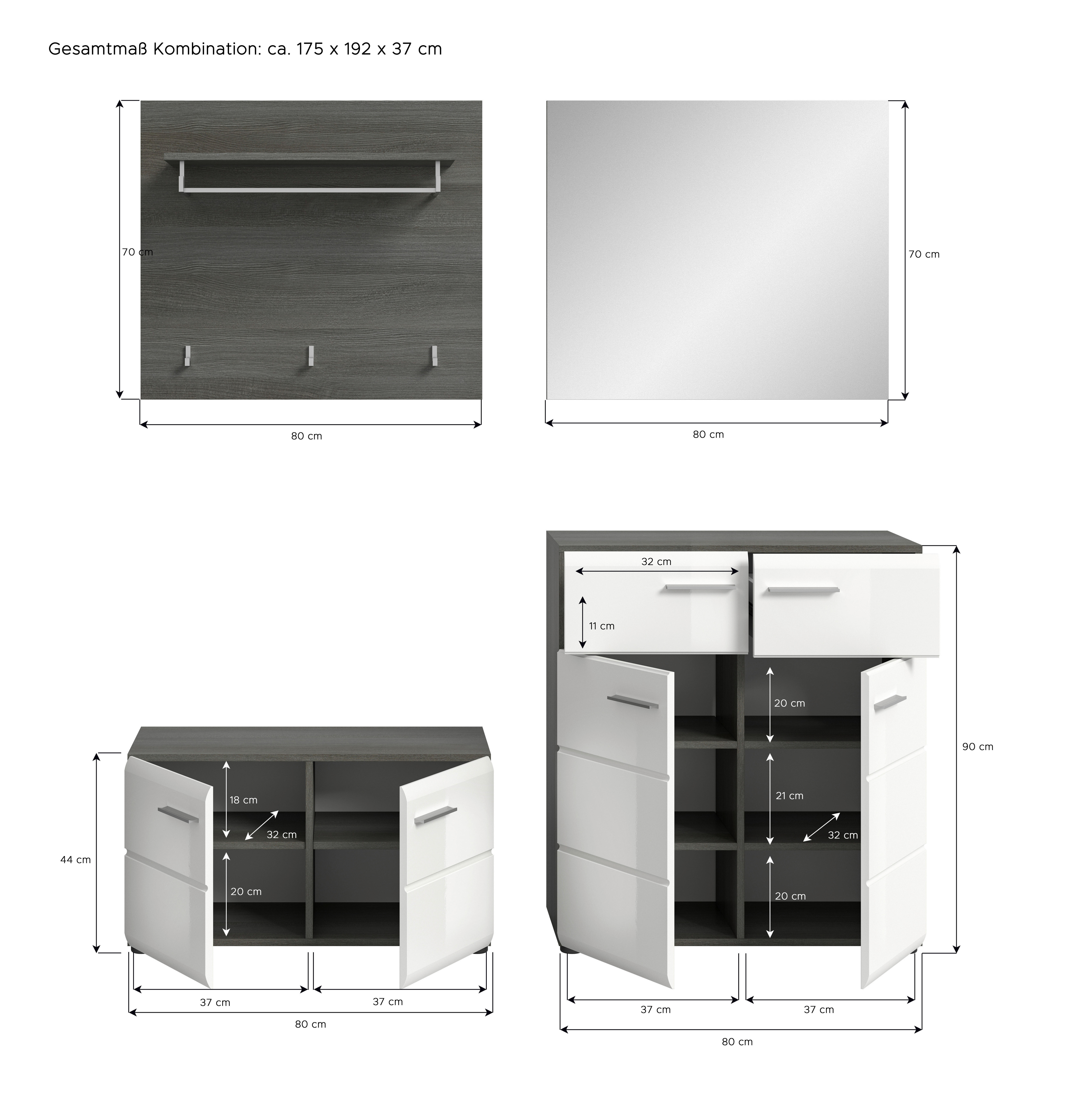 Garderobe SALSA Eiche Rauchsilber Nachbildung weiß Hochglanz B/H/T: ca. 175x192x37 cm SALSA - Eiche/weiß (175,00/192,00/37,00cm) - xonox.home
