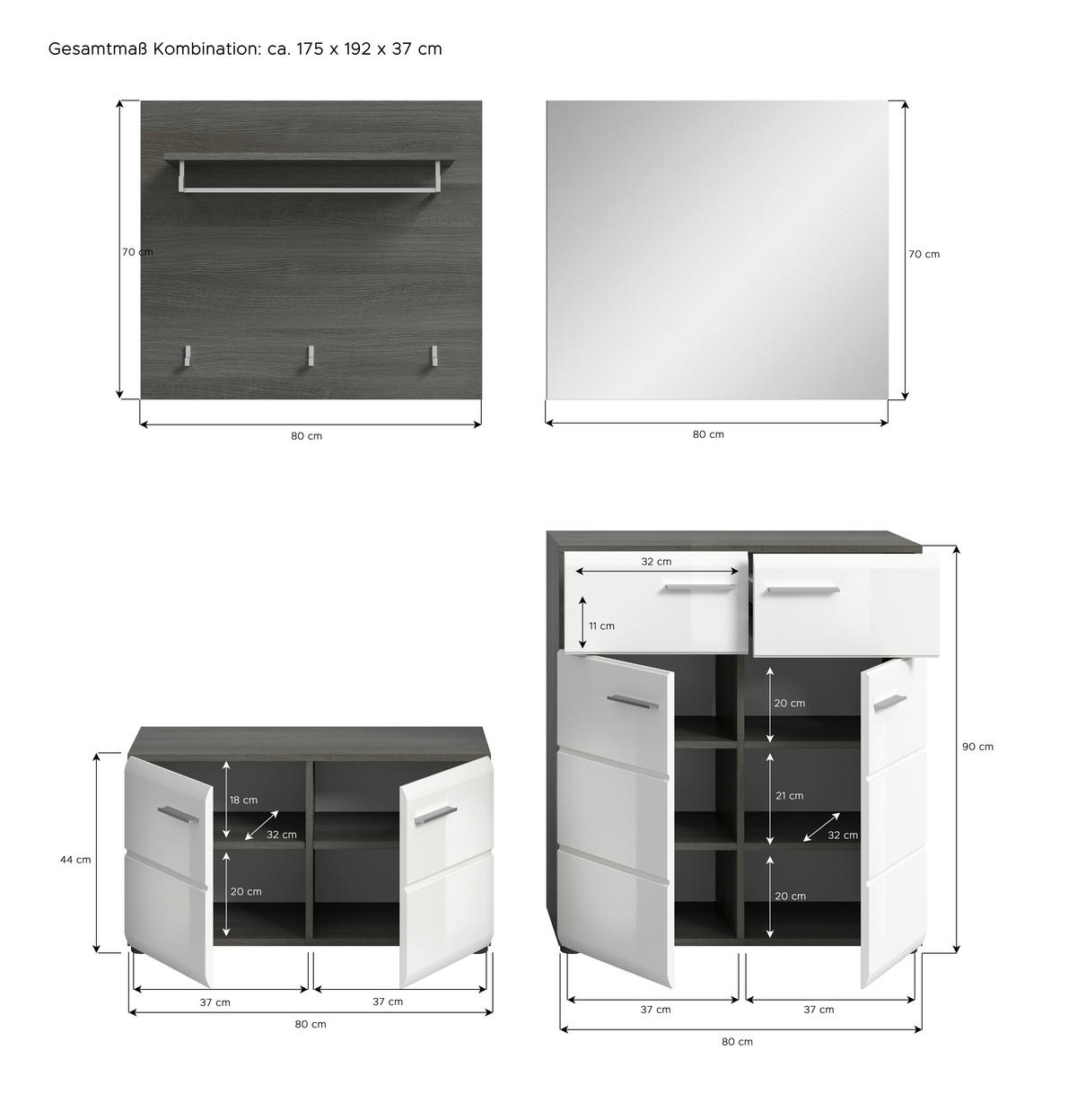 Garderobe SALSA Eiche Rauchsilber Nachbildung weiß Hochglanz B/H/T: ca. 175x192x37 cm SALSA - Eiche/weiß (175,00/192,00/37,00cm) - xonox.home