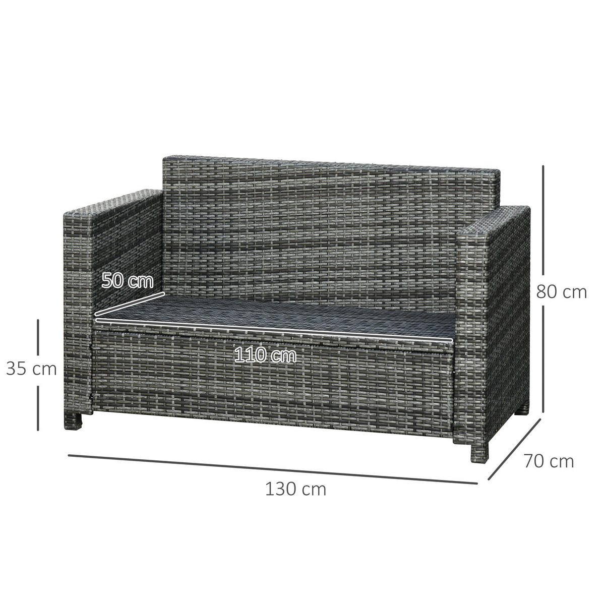 Outsunny Gartensofa grau Polyrattan B/H/L: ca. 70x130x80 cm Rattan_Sofa - grau (80,00/70,00/130,00cm) - Outsunny