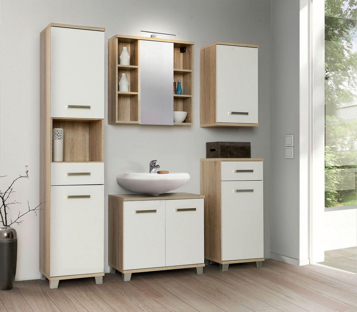 Waschbeckenunterschrank  Eiche Sonoma Nachbildung weiß Hochglanz B/H/T: ca. 68,6x62x34,8 cm Veris_WBU VERZ12-Q34 - Eiche/weiß (68,60/62,00/34,80cm)