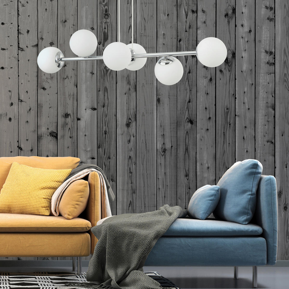 Lamkur Hängeleuchte Chrom Glas Stahl B/H/L: ca. 111x40x96 cm E14 6 Brennstellen Maddie - Chrom (96,00/111,00/40,00cm) - Lamkur