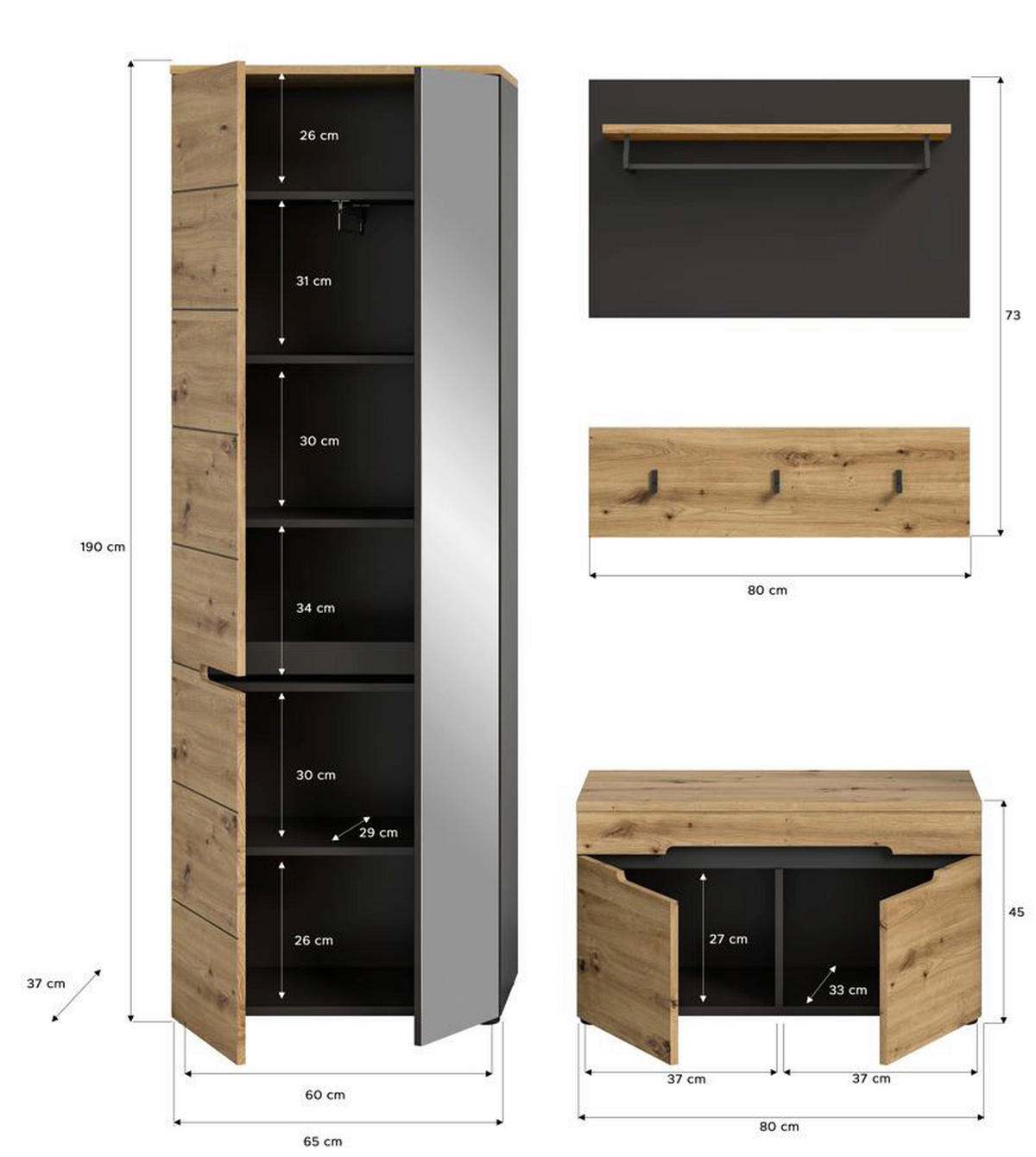 Garderobenset CANU edles Basaltgrau Nachbildung Eiche Artisan Nachbildung B/H/T: ca. 160x190x37 cm CANU - Eiche/edles Basaltgrau (160,00/190,00/37,00cm) - xonox.home