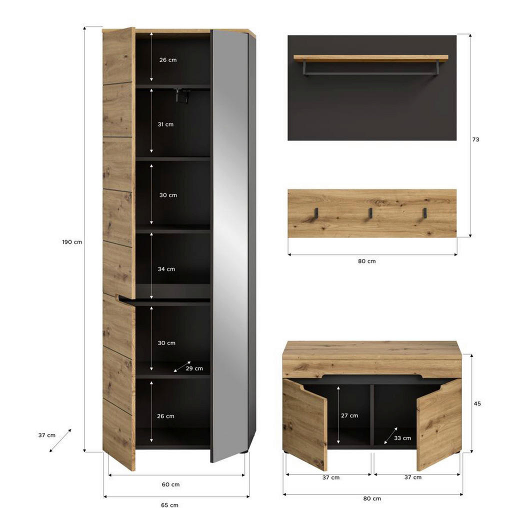 Thumbnail - Garderobe CANU edles Basaltgrau Nachbildung Eiche Artisan Nachbildung B/H/T: ca. 160x190x37 cm