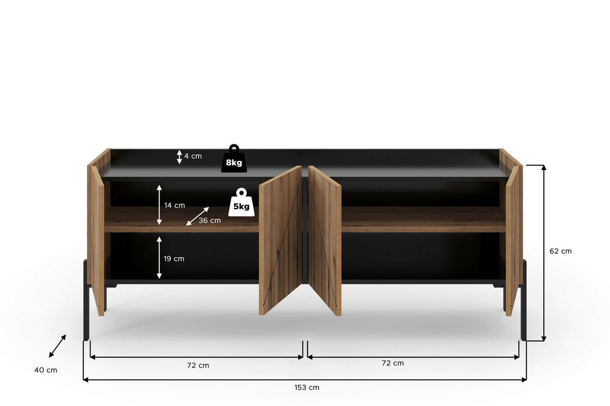 TV-Lowboard Neo Evoke Oak Nachbildung schwarz B/H/T: ca. 153x62x40 cm Neo - schwarz (153,00/62,00/40,00cm) - xonox.home
