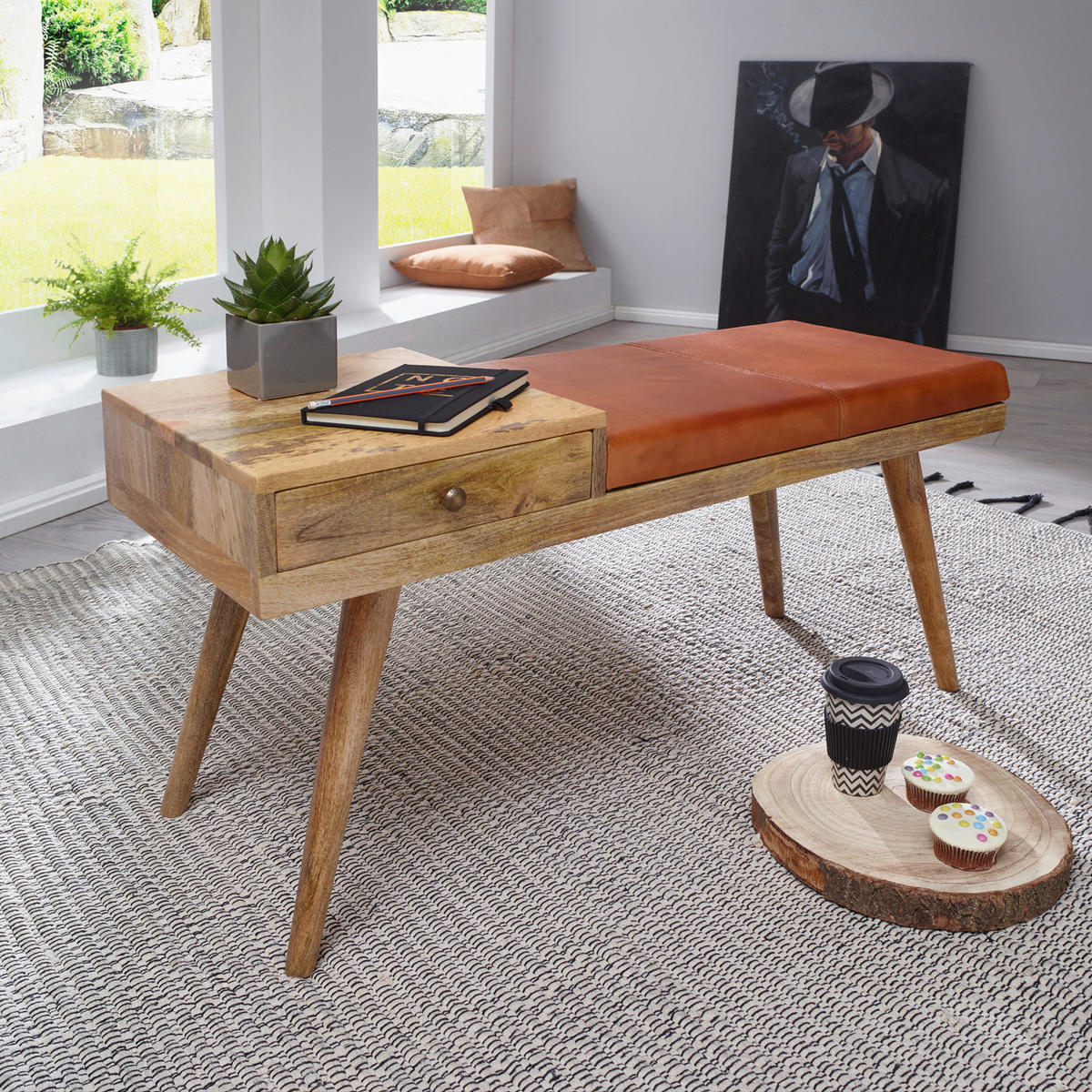 Wohnling Sitzbank natur braun Echtholz Leder B/H/T: ca. 100x52x38 cm Sitzbank - braun/natur (100,00/52,00/38,00cm) - Wohnling