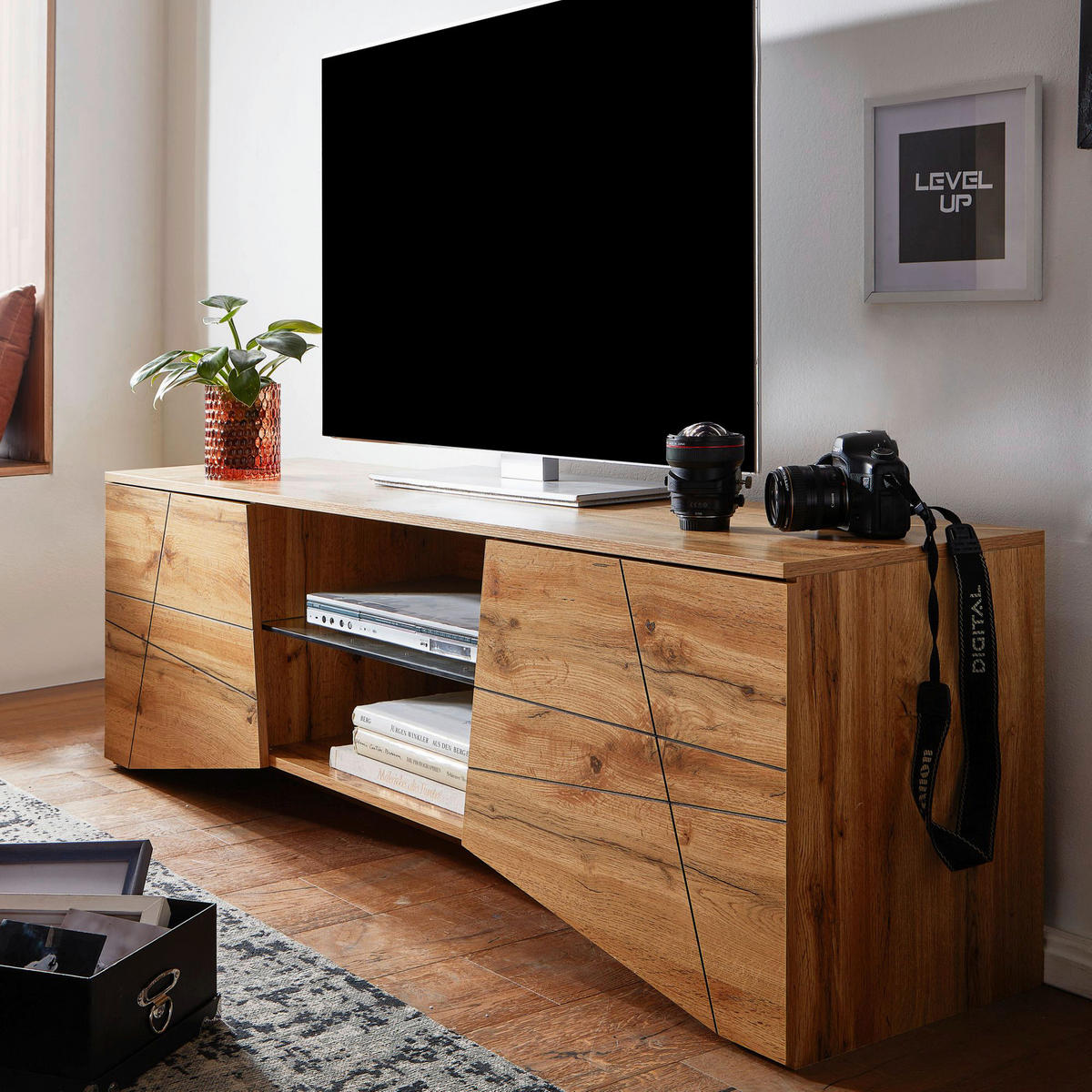 Lowboard Eiche Nachbildung glasklar B/H/T: ca. 160x50x40 cm Lowboard - Eiche/glasklar (160,00/50,00/40,00cm) - Wohnling
