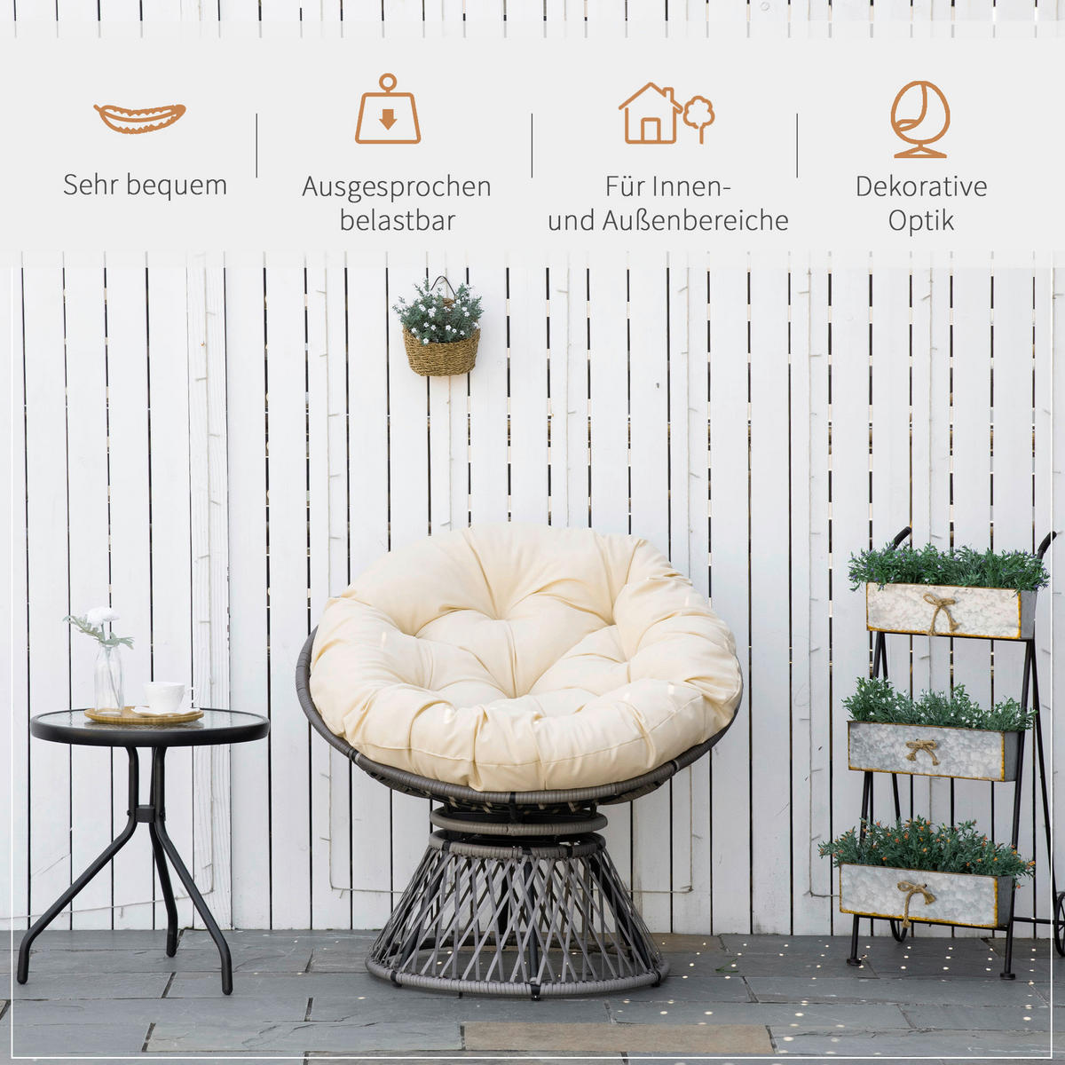 Outsunny Gartensessel beige Polyester B/H/L: ca. 97x87x90 cm Papasansessel - beige (90,00/97,00/87,00cm) - Outsunny