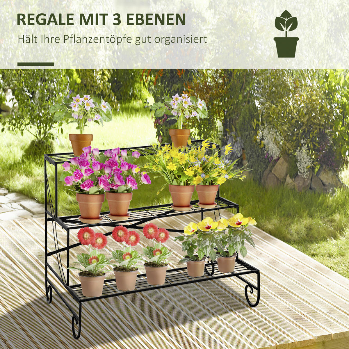 Outsunny Blumenregal schwarz Metall B/H/L: ca. 63x72x95 cm Blumenregal - schwarz (95,00/63,00/72,00cm) - Outsunny