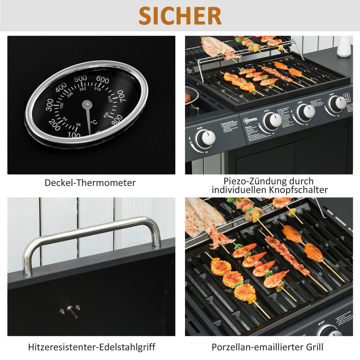 Outsunny Gasgrill Stahl B/H/L: ca. 50x100x110 cm Gasgrill mit Räder - schwarz (110,00/50,00/100,00cm) - Outsunny