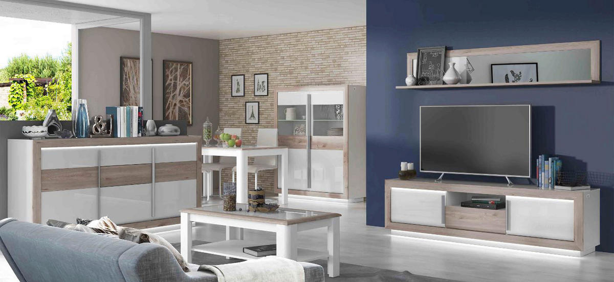 Couchtisch  weiß Hochglanz Eiche Nelson Nachbildung B/H/T: ca. 110x45x60 cm Canne_Couchtisch CQNT12-C141 - Eiche/weiß (110,00/45,00/60,00cm)