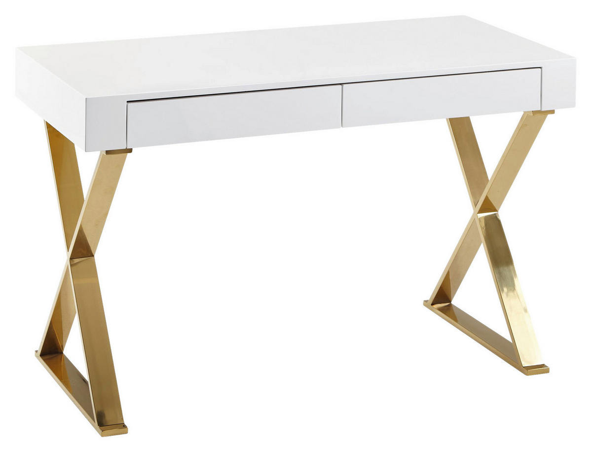 Schreibtisch weiß Lack Hochglanz gold lackiert B/H/T: ca. 118x76x57 cm Schreibtisch - gold/weiß (118,00/76,00/57,00cm) - Wohnling