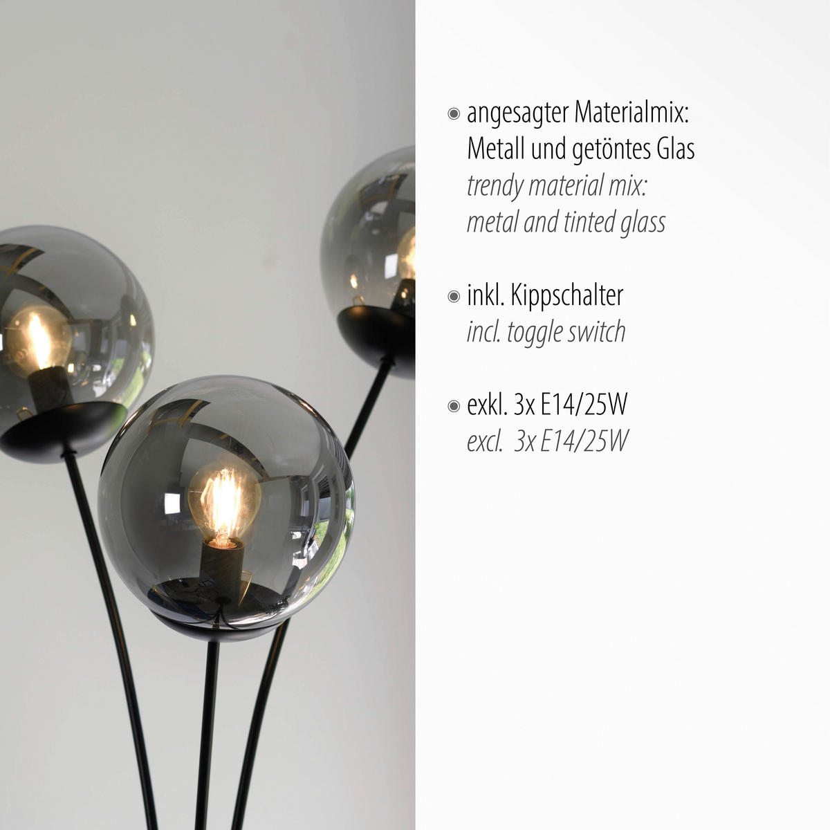 Just Light Stehleuchte BIG WIDOW 14603-18 schwarz Rauchglas Metall B/H: ca. 35x185 cm E14 3 Brennstellen BIG WIDOW - schwarz (35,00/185,00cm) - Just Light