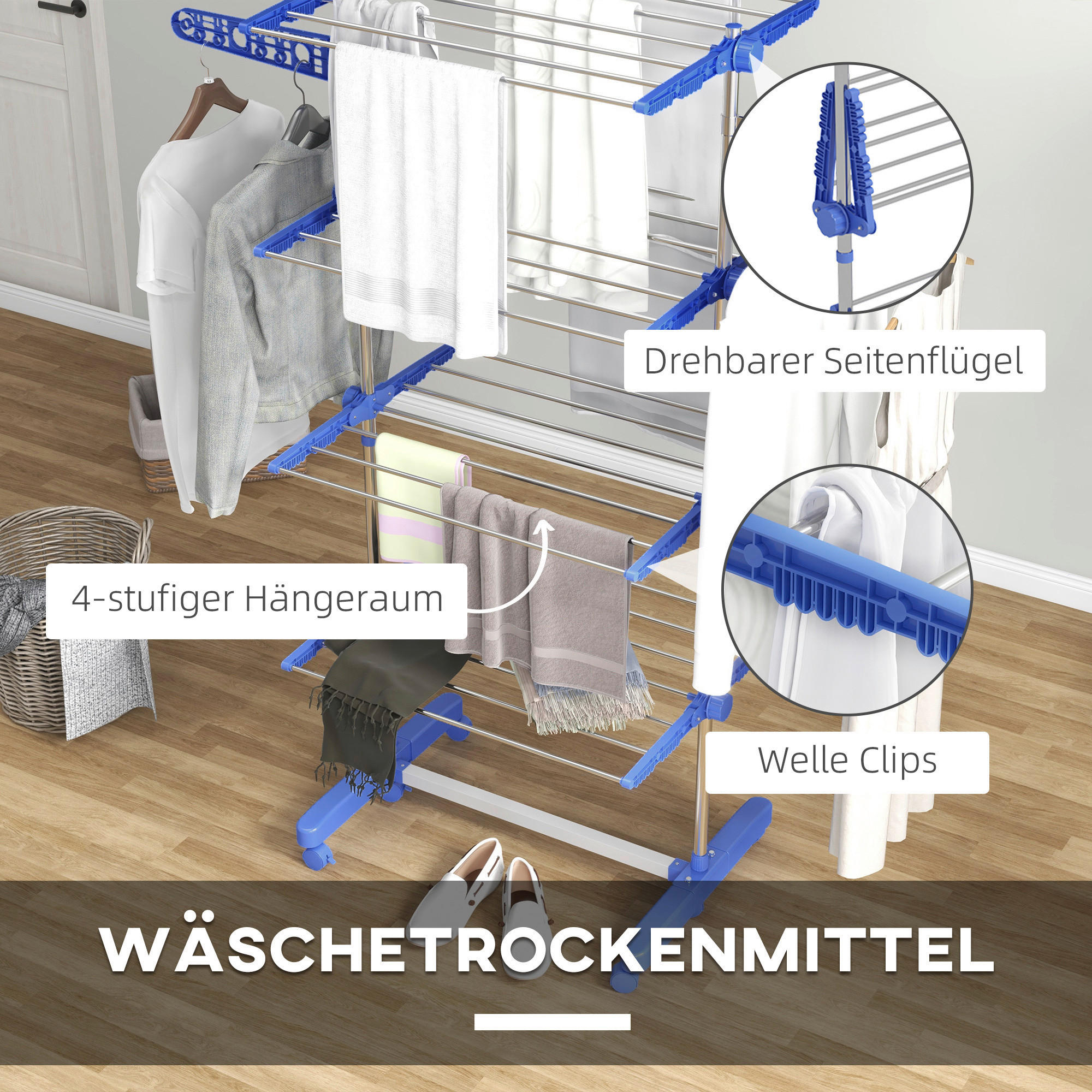 HOMCOM Wäscheständer blau Polypropylen B/H/L: ca. 55x142x172 cm Trockenständer - blau (172,00/55,00/142,00cm) - HOMCOM