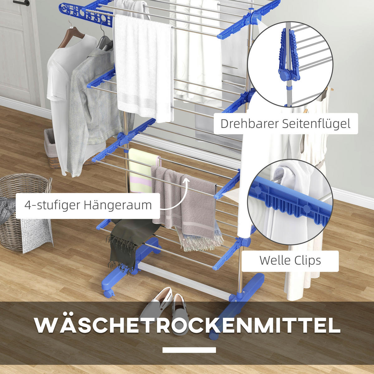 HOMCOM Wäscheständer blau Polypropylen B/H/L: ca. 55x142x172 cm Trockenständer - blau (172,00/55,00/142,00cm) - HOMCOM