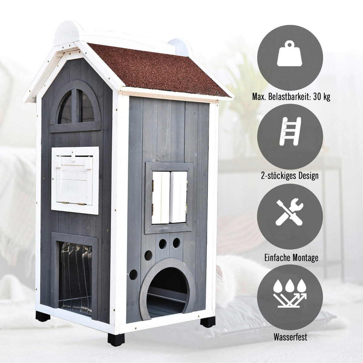 PawHut Katzenvilla grau Holz B/H/L: ca. 55x109x59 cm Katzenvilla - weiß/grau (59,00/55,00/109,00cm) - PawHut