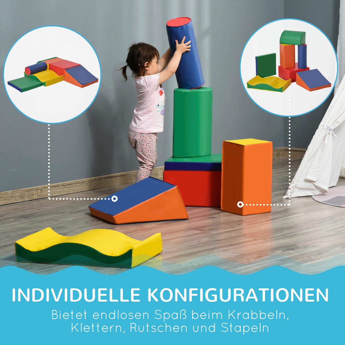 HOMCOM Kinder Softbausteine 7-tlg. B/H/L: ca. 40x60x11 cm Kinder-Softplay-Set - bunt (11,00/40,00/60,00cm) - HOMCOM