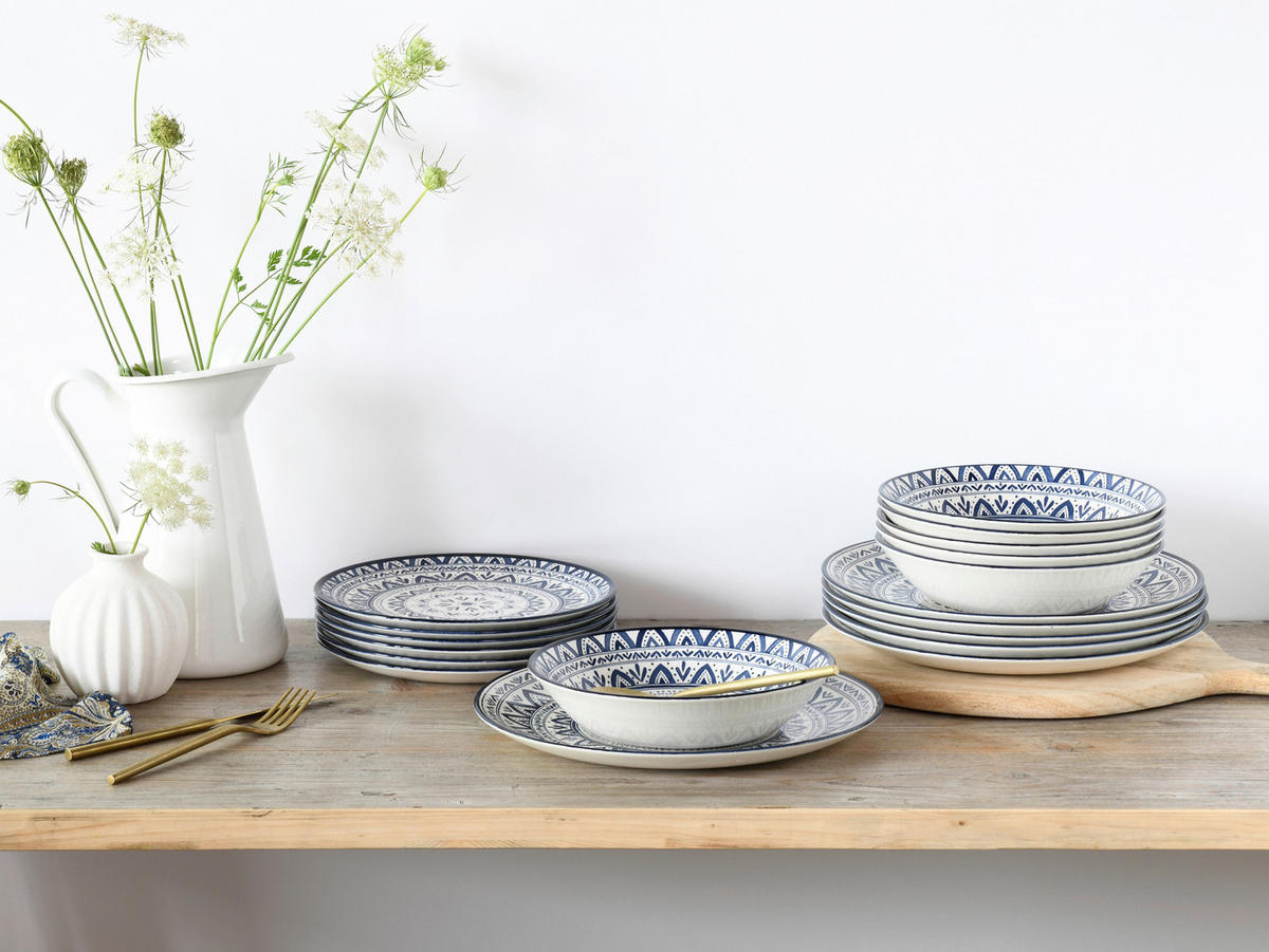 CreaTable Tafelservice Mexico blau Steingut 18 tlg. Mexico - blau (31,50/30,50/33,00cm) - CreaTable