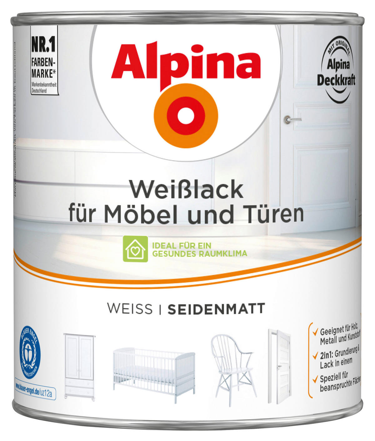 Alpina Weißlack für Möbel & Türen weiß seidenmatt ca. 2 l für Möbel & Türen - weiß (2,00l) - Alpina