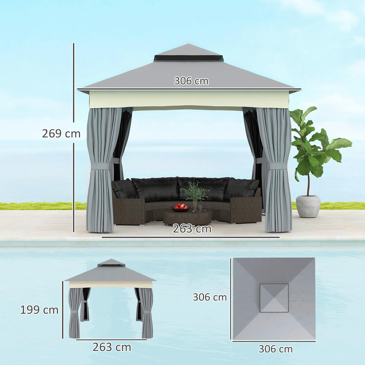 Outsunny Pavillon dunkelgrau Polyester B/H/L: ca. 306x269x306 cm Pavillon - dunkelgrau (306,00/306,00/269,00cm) - Outsunny