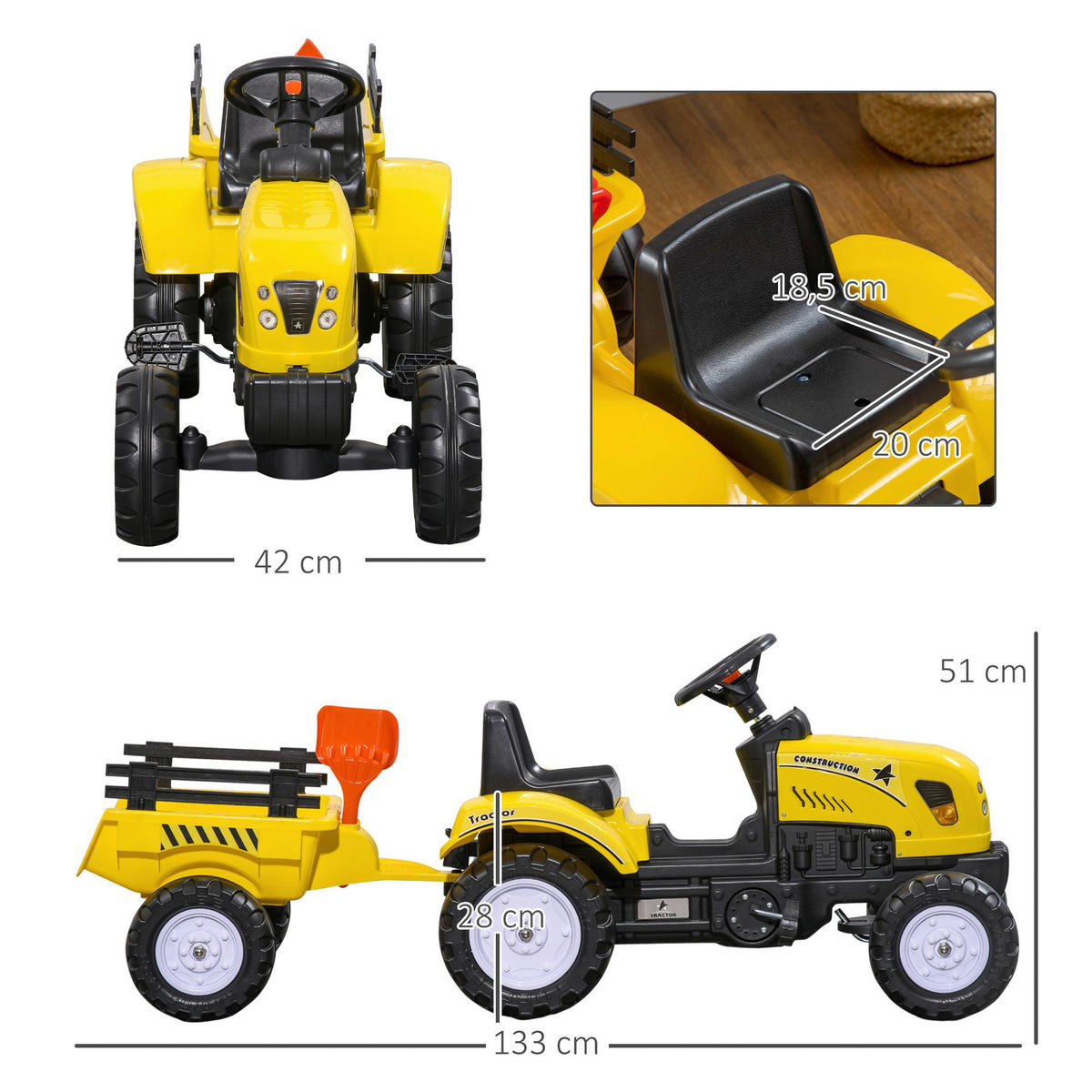 HOMCOM Kinder-Fahrzeug gelb B/H/L: ca. 42x133x51 cm Trettraktor - gelb (51,00/42,00/133,00cm) - HOMCOM