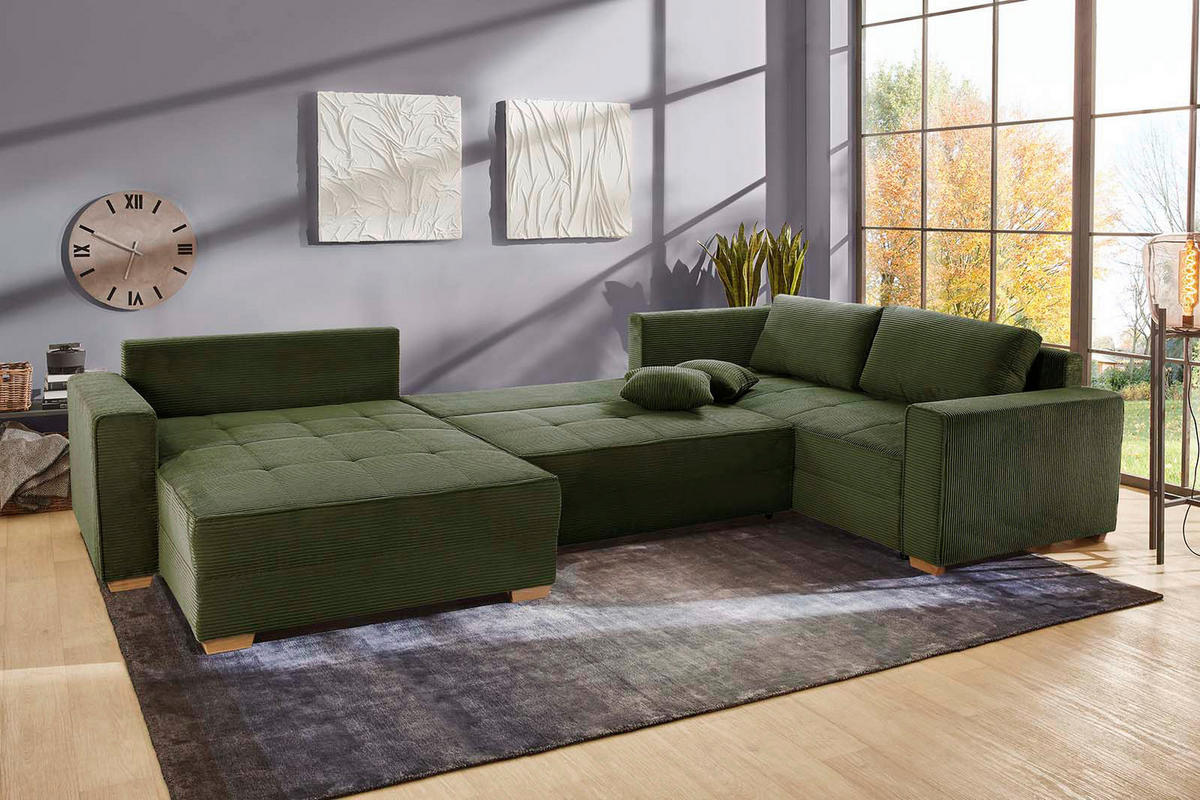 Wohnlandschaft grün Microfaser B/H/T: ca. 379x86x227 cm Brixen_Wohnlandschaft - Eiche/grün (379,00/86,00/227,00cm)
