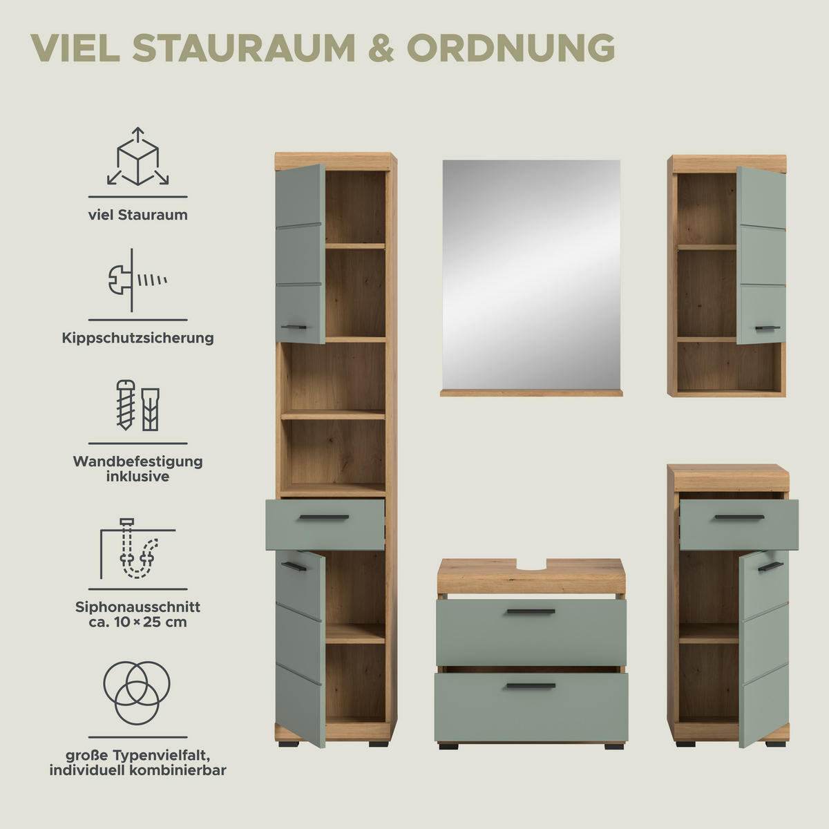 Badezimmer-Set Scout Eiche Artisan Nachbildung salbei Nachbildung B/H/T: ca. 164x191x37 cm Scout - Eiche/salbei (164,00/191,00/37,00cm) - xonox.home