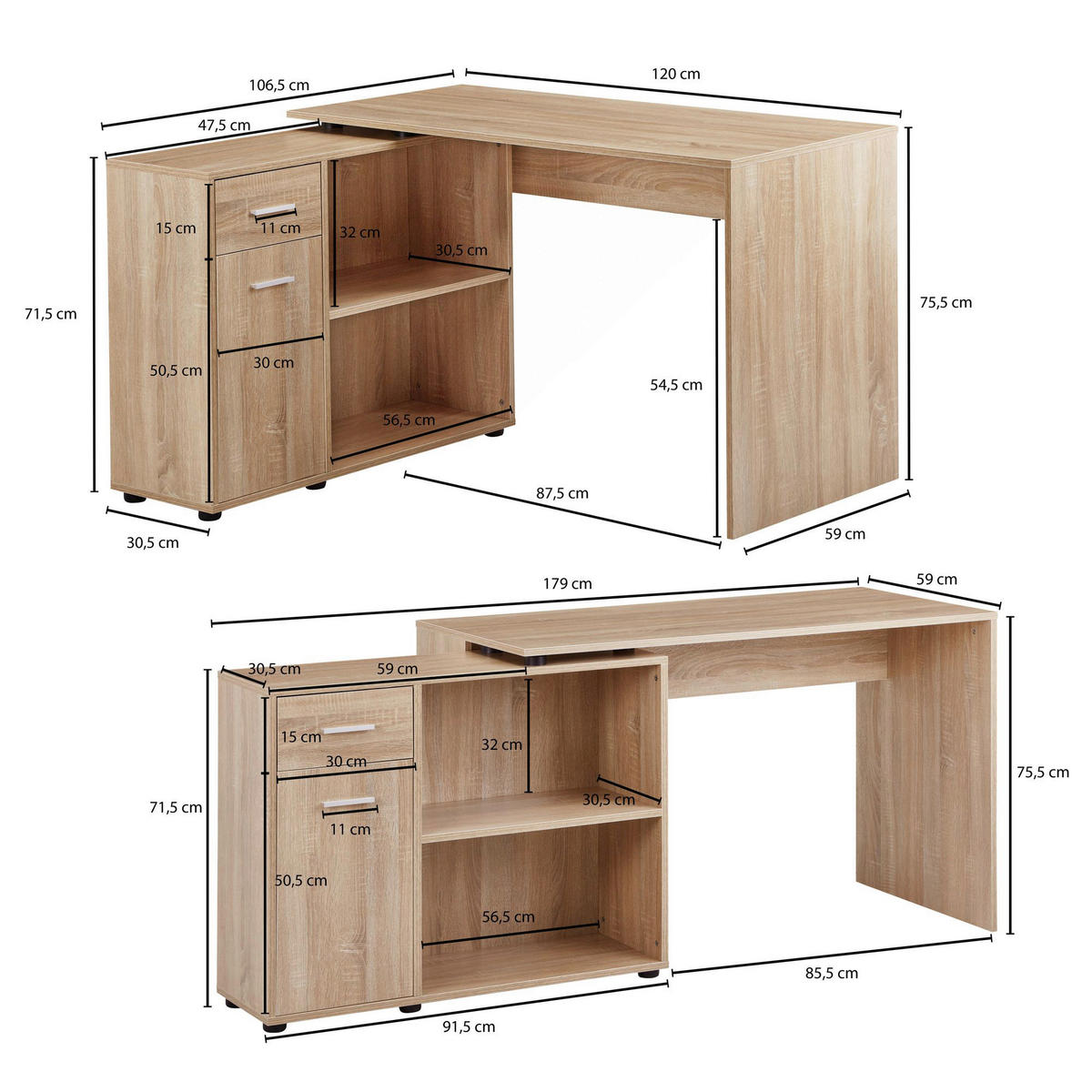 Schreibtischkombination Eiche Sonoma Nachbildung B/H/T: ca. 120x75,5x106,5 cm Schreibtischkombination - Eiche (120,00/75,50/106,50cm) - Wohnling
