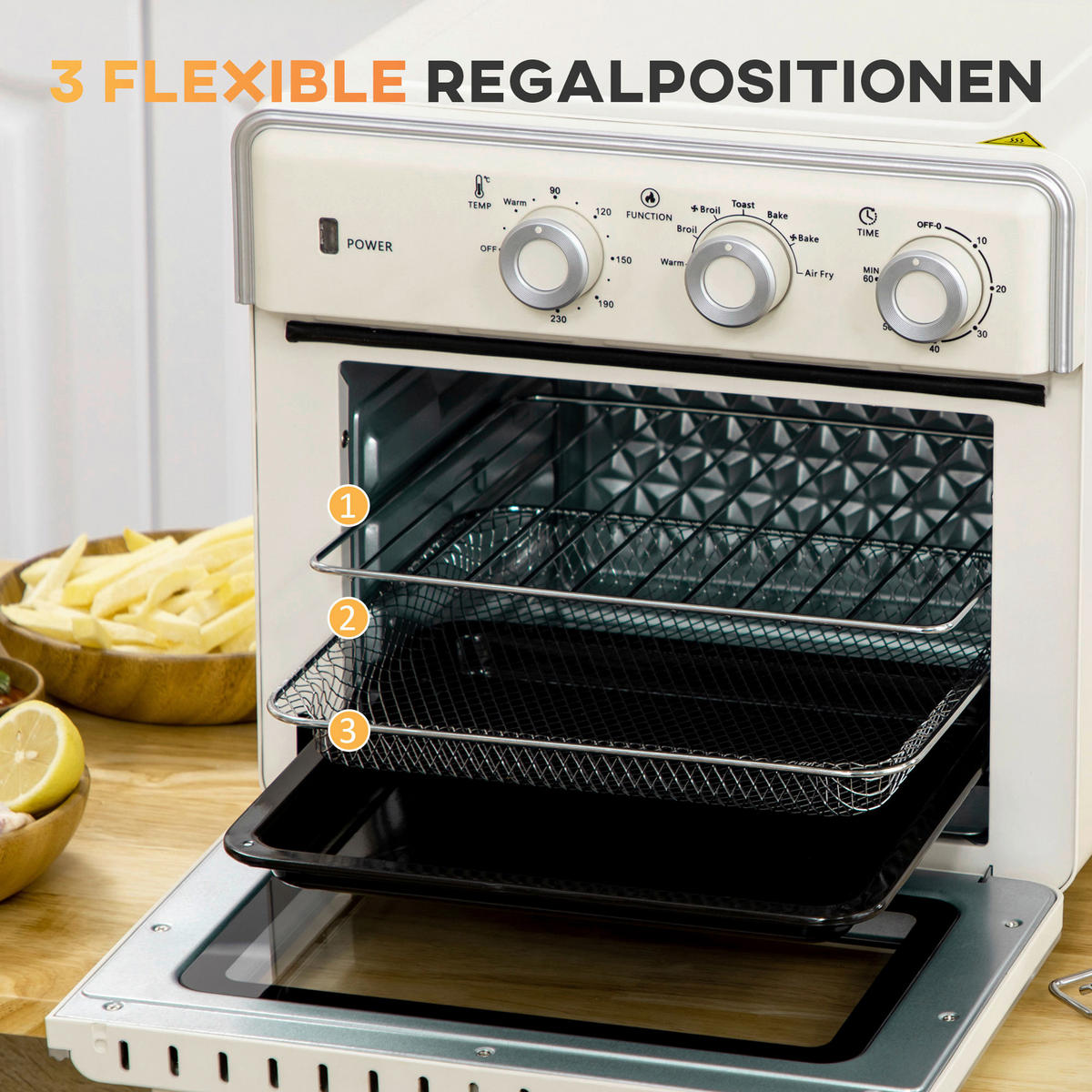 HOMCOM Küchengerät 800-152V90CW cremeweiß Edelstahl B/H/L: ca. 37,7x36x34,5 cm Minibackofen - cremeweiß (34,50/37,70/36,00cm) - HOMCOM