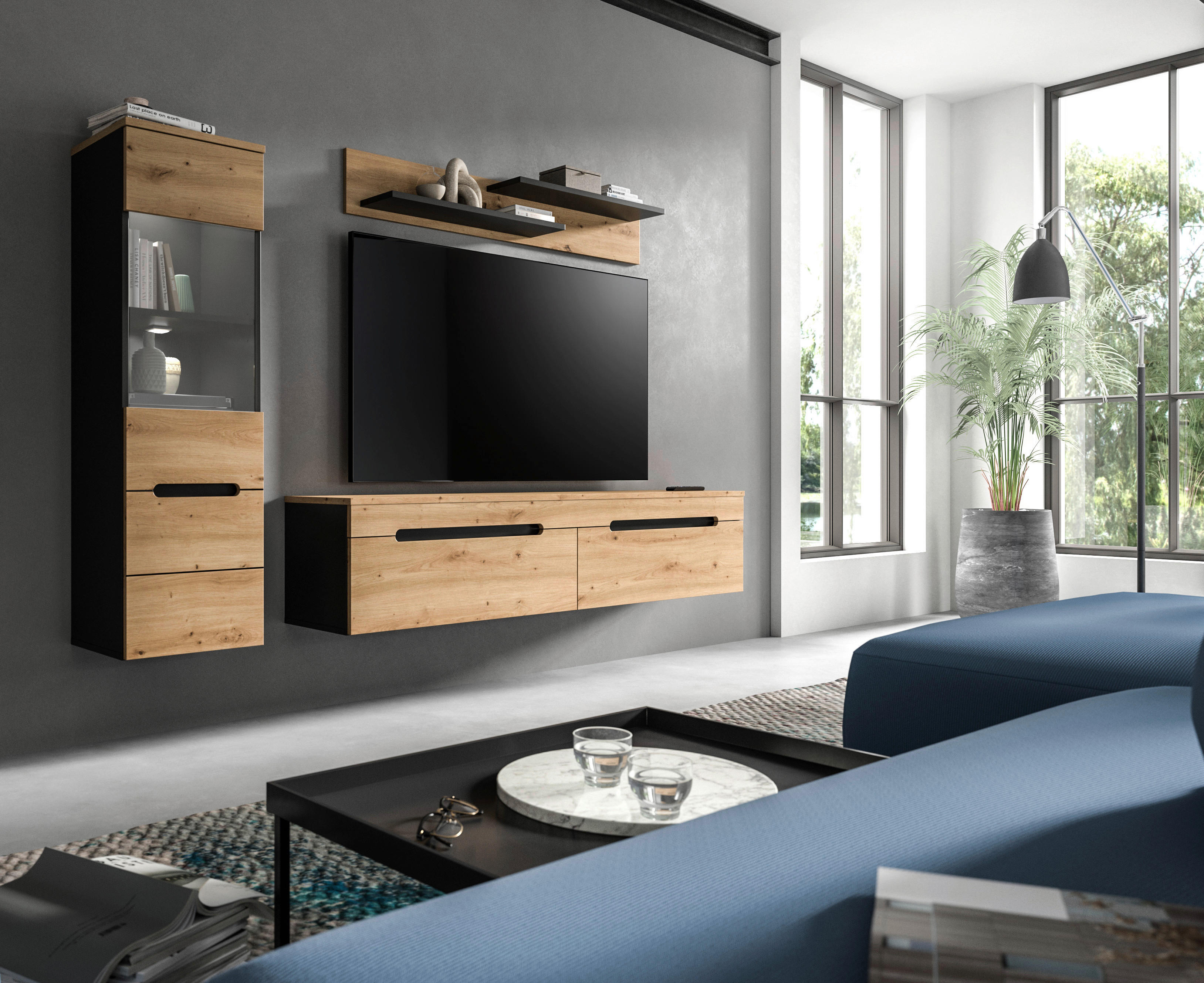Wohnwand Canu basaltgrau Nachbildung Artisan Oak Nachbildung B/H/T: ca. 221x141x33 cm Canu - basaltgrau (221,00/141,00/33,00cm) - xonox.home