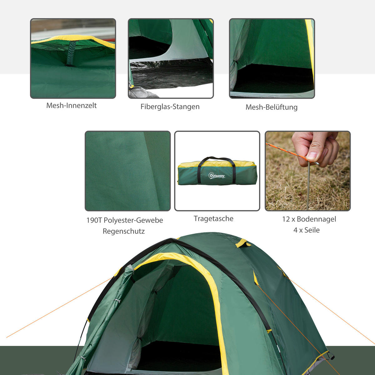 Outsunny Zelt grün Edelstahl B/H/L: ca. 183x325x130 cm Kuppelzelt - gelb/grün (130,00/183,00/325,00cm) - Outsunny