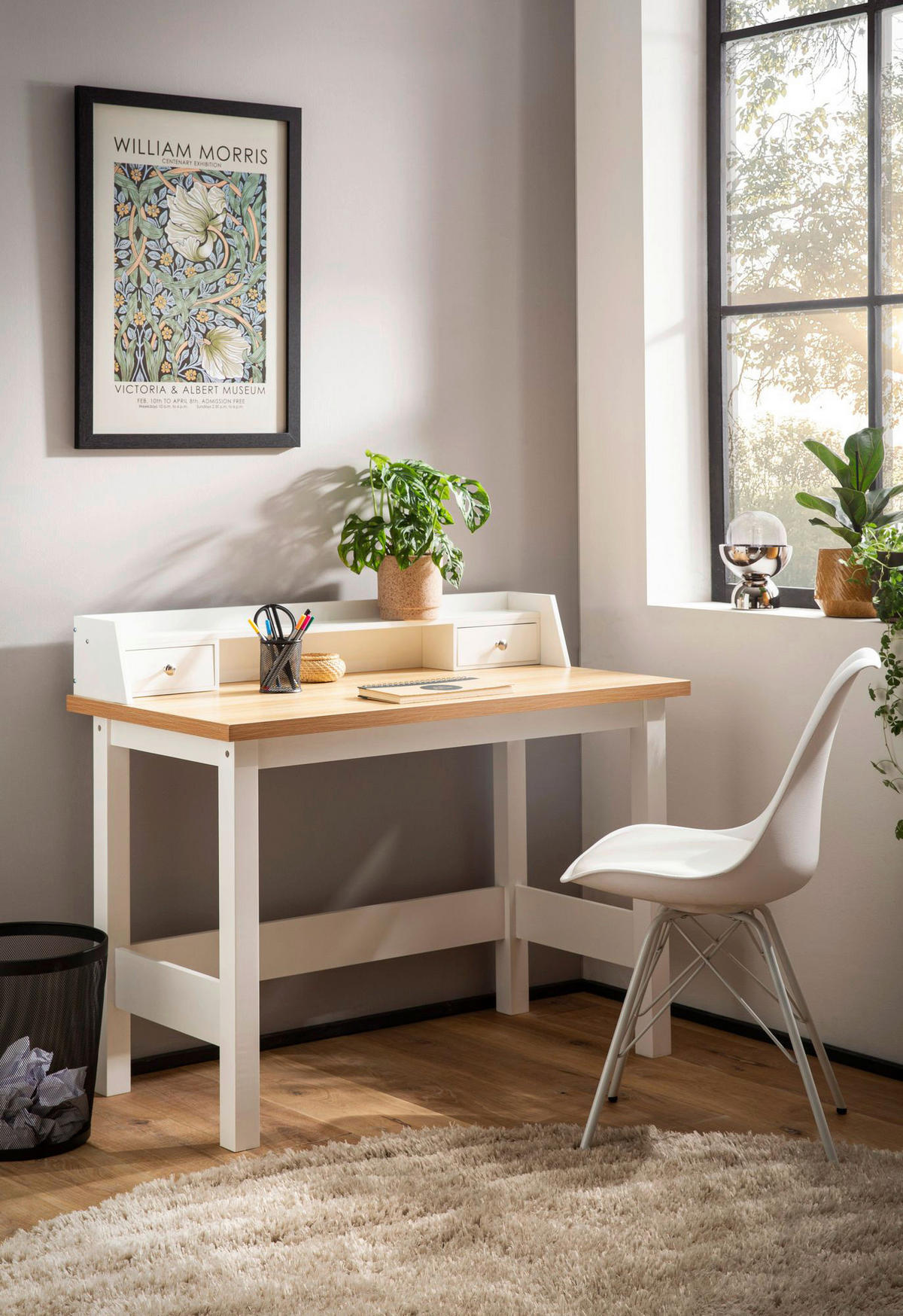 Schreibtisch weiß Eiche weiß Optik B/H/T: ca. 106x90x53 cm Schreibtisch - weiß (106,00/90,00/53,00cm) - Wohnling