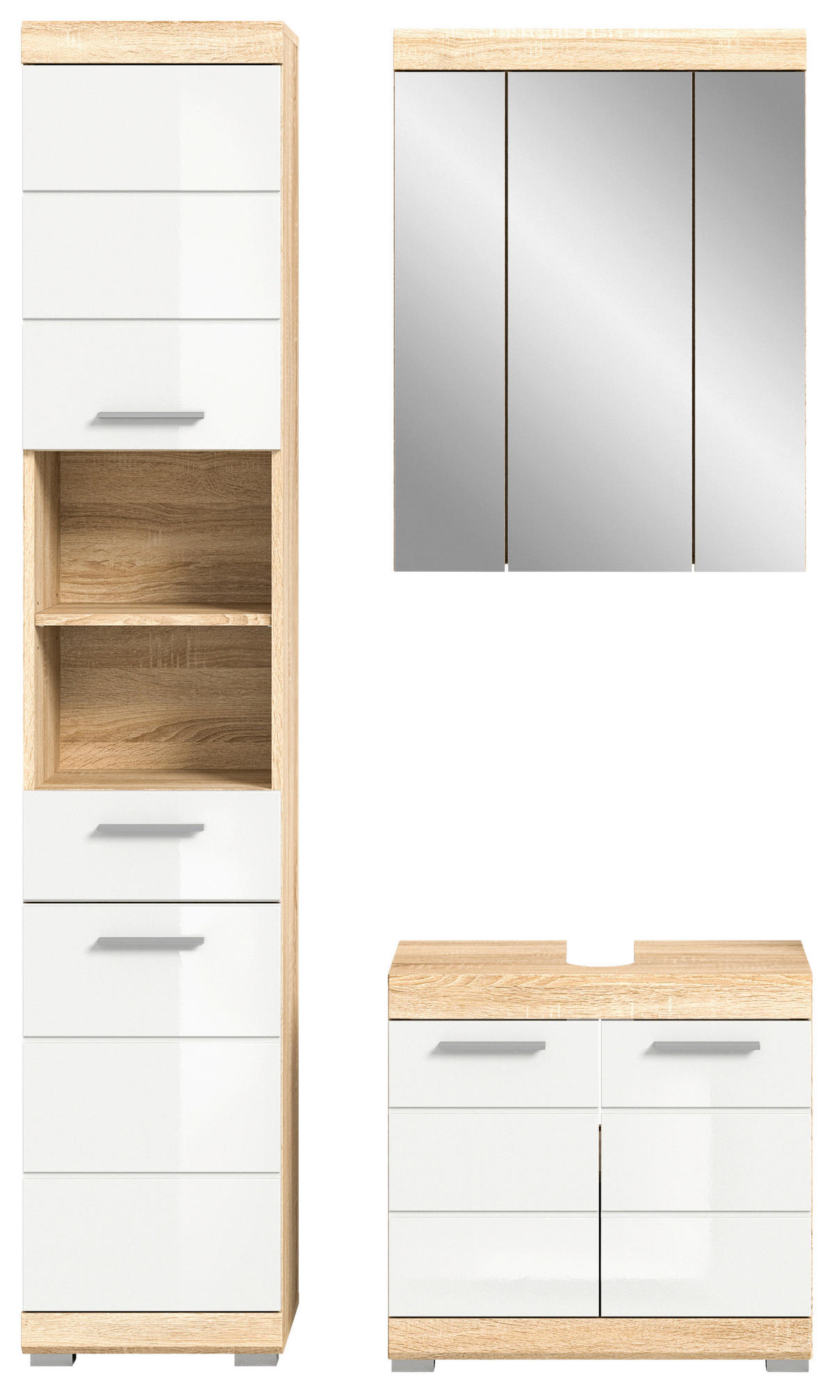 Badezimmer-Set LAMBADA Eiche Sonoma hell Nachbildung weiß Hochglanz B/H/T: ca. 112x191x34 cm LAMBADA - Eiche/weiß (112,00/191,00/34,00cm) - xonox.home