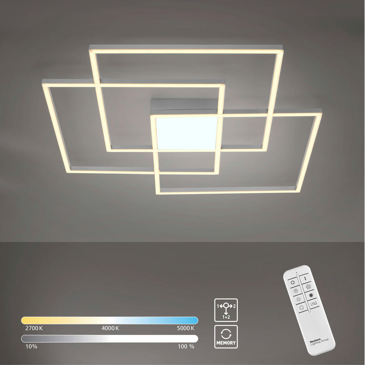 Just Light LED-Deckenleuchte AMIN 14713-55 stahlfarbig Edelstahl Kunststoff Aluminium B/H/T: ca. 75x6x75 cm 4 Brennstellen ASMIN - stahlfarbig (75,00/6,00/75,00cm) - Just Light